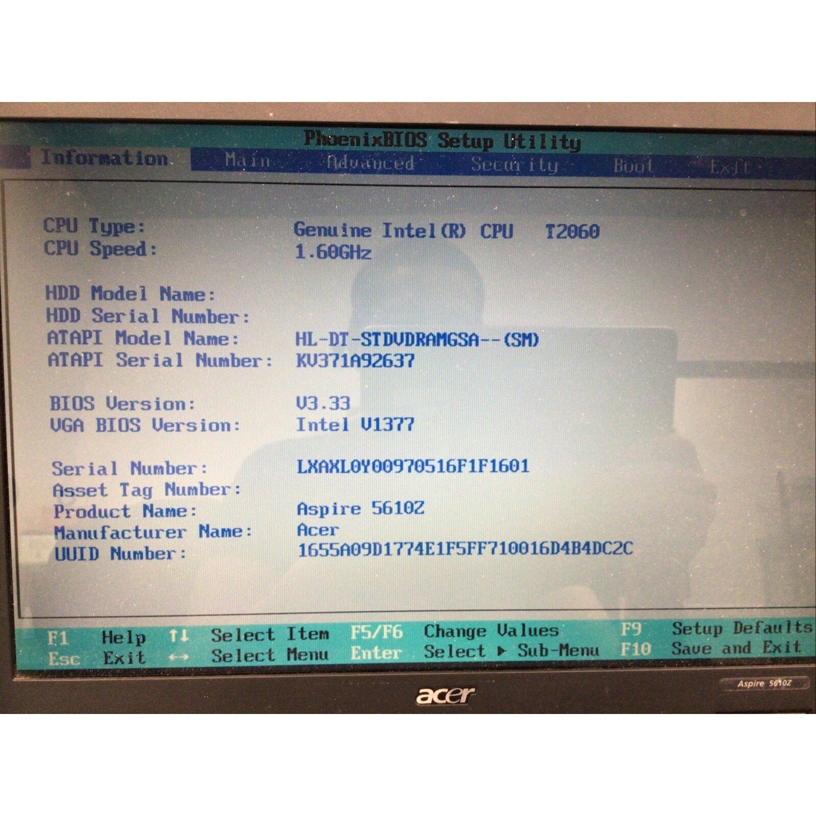 Acer Aspire 5610Z Intel T2060 2GB RAM NO HDD FOR PARTS or REPAIR