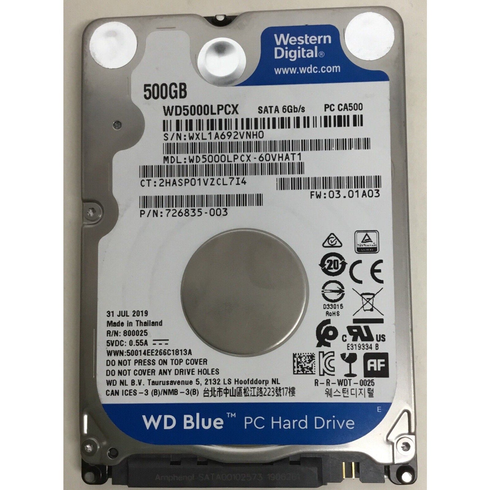 Western Digital 500GB SATA 2.5" HDD Hard Drive WD5000LPCX 726835-003