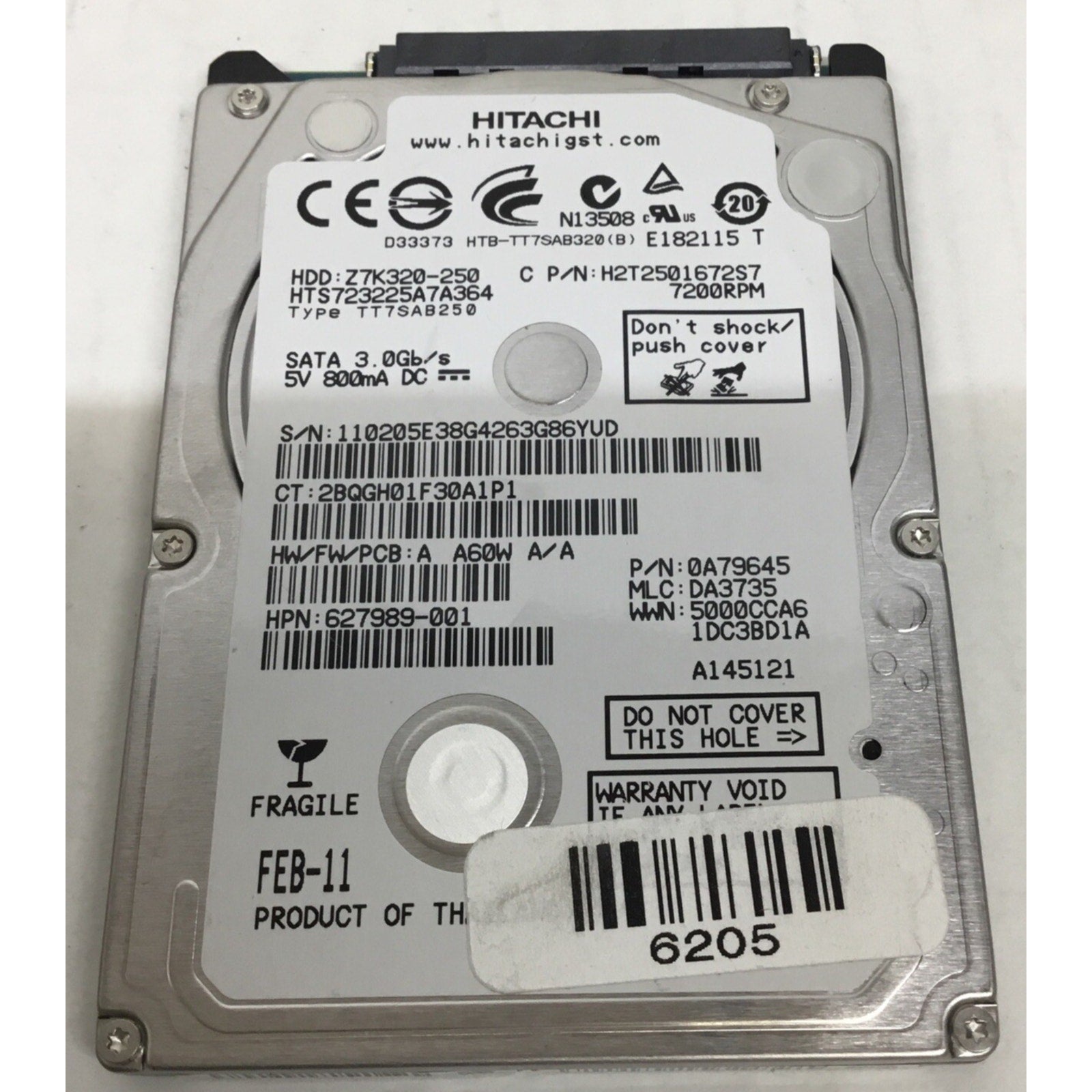 0A79645 - Hitachi 250GB 7200 RPM SATA 2.5" HDD H2T2501672S7