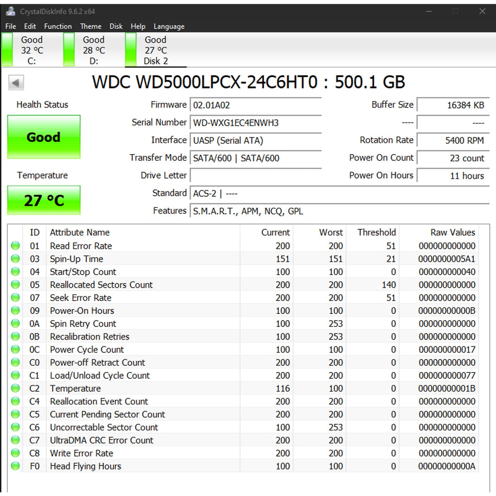 WD Blue 500GB 2.5" SATA Hard Drive HD WD5000LPCX-24C6HT0 SH20D77047 SATA 5400RPM