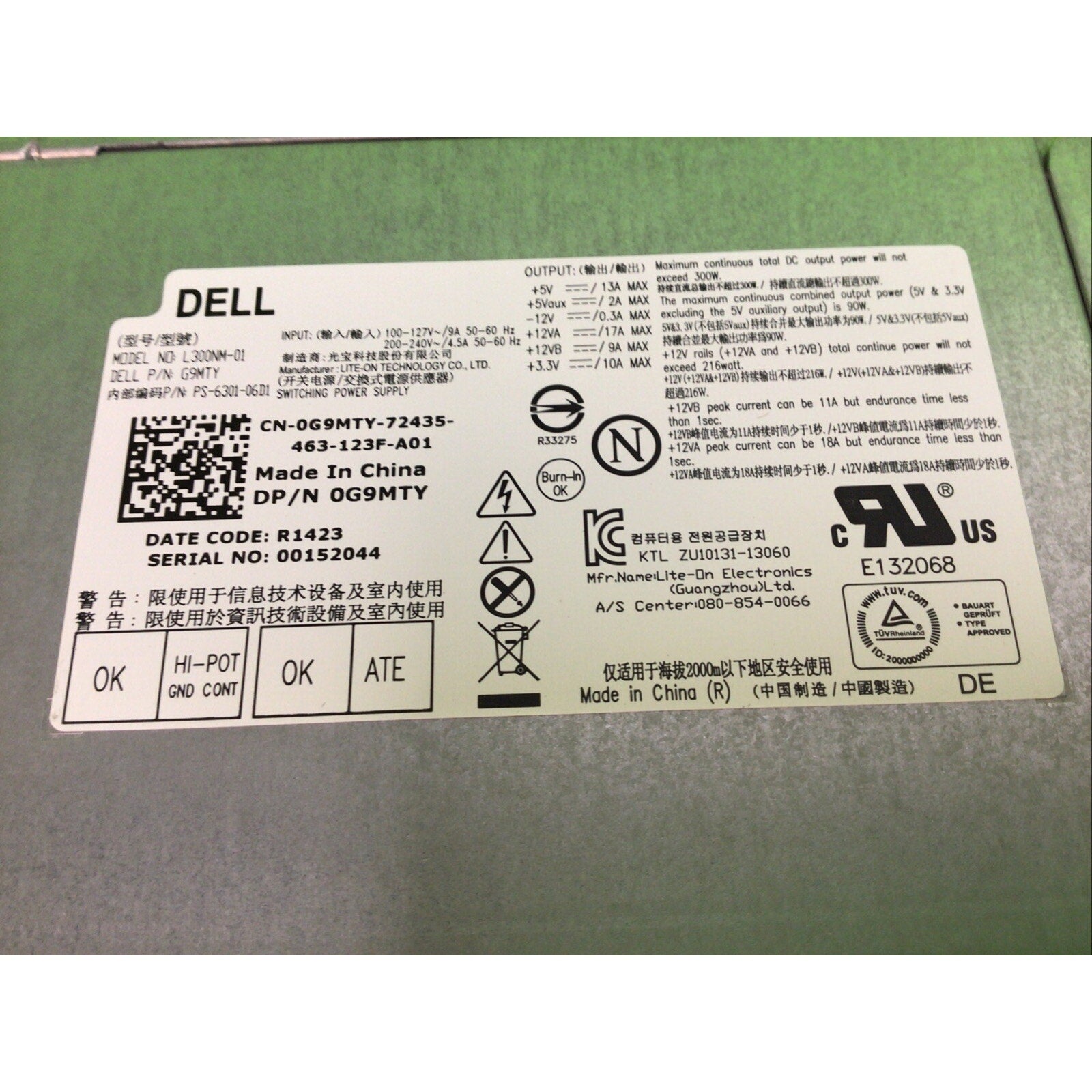 L300NM-01 300W Power Supply For Dell Inspiron 3847 MT PS-6301-06D 0G9MTY G9MTY