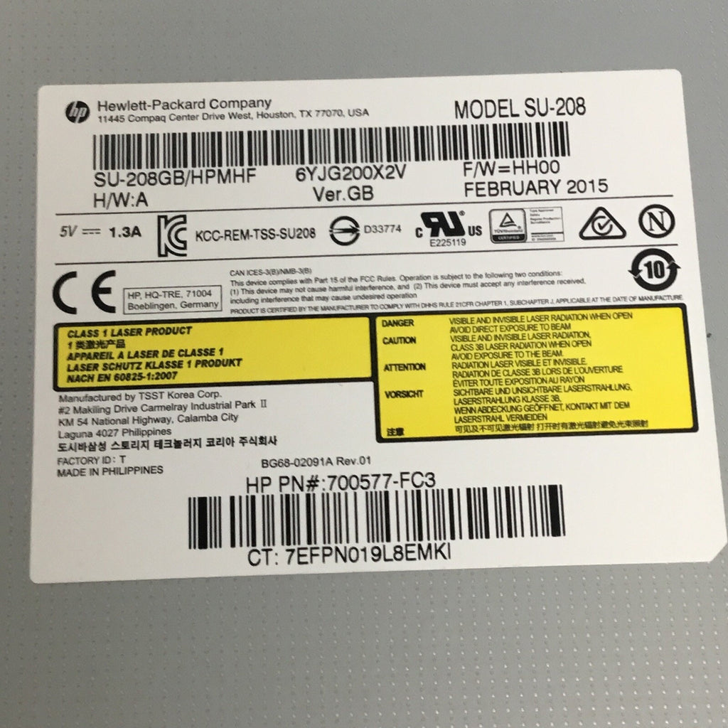 HP DVD-RW Burner Optical Drive No Bezel SU-208FB 700577-FC3