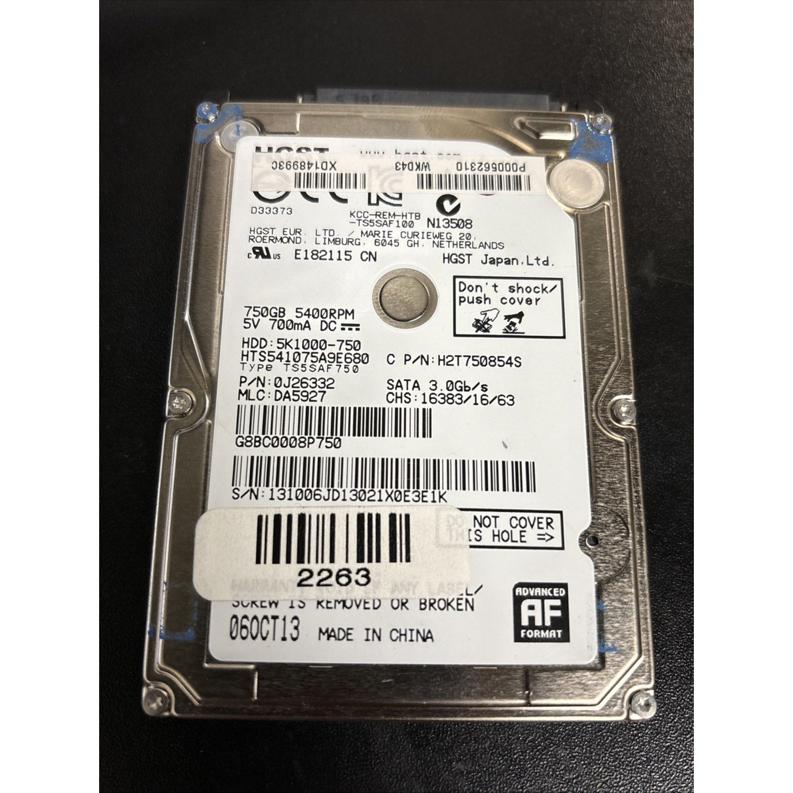 Hitachi HTS541075A9E680 pn: 0J26332 mlc: DA5927 750GB SATA G8BC0008P750
