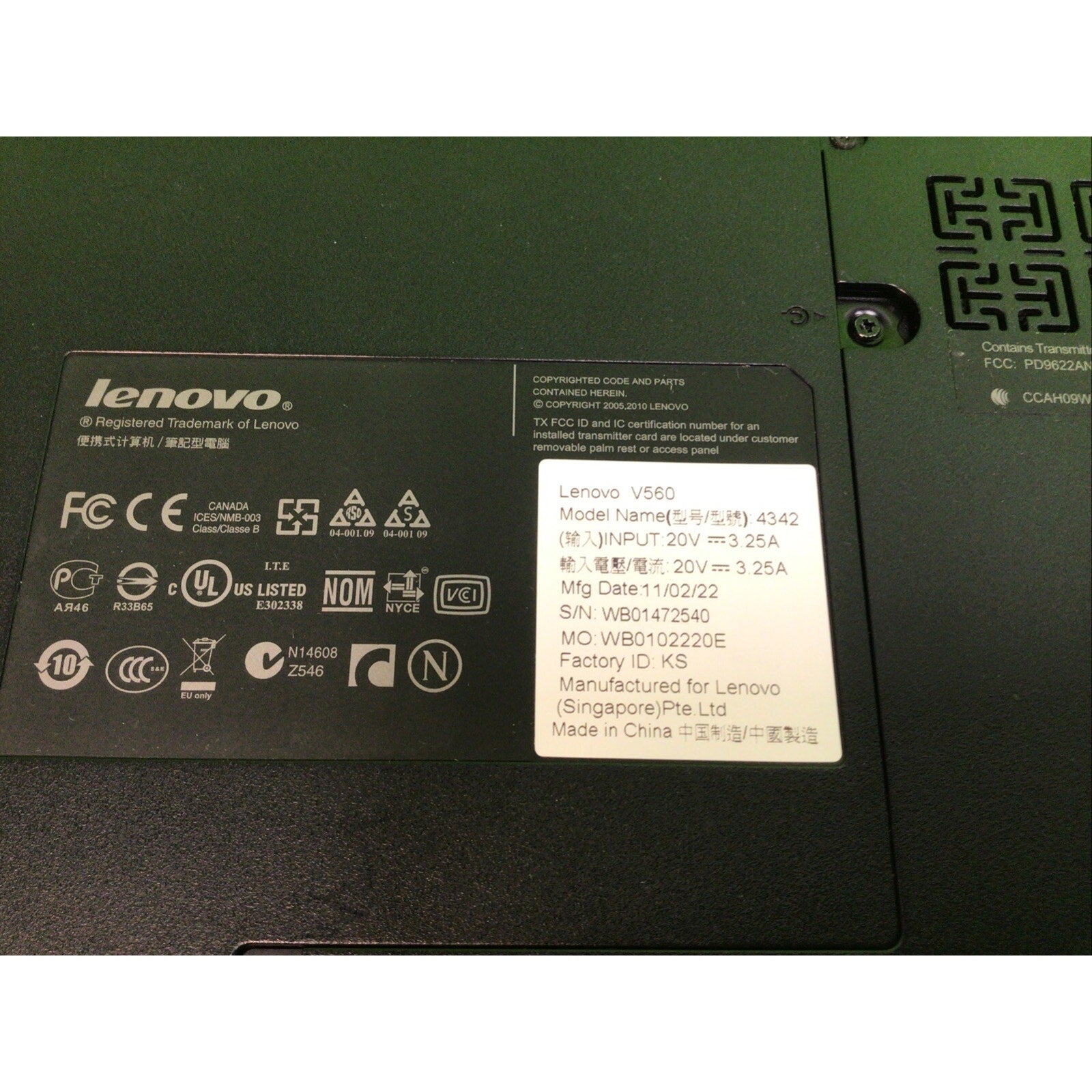 Lenovo V560, i3-M380 @2.53GHz, 4GB RAM, No HDD/OS, No Battery