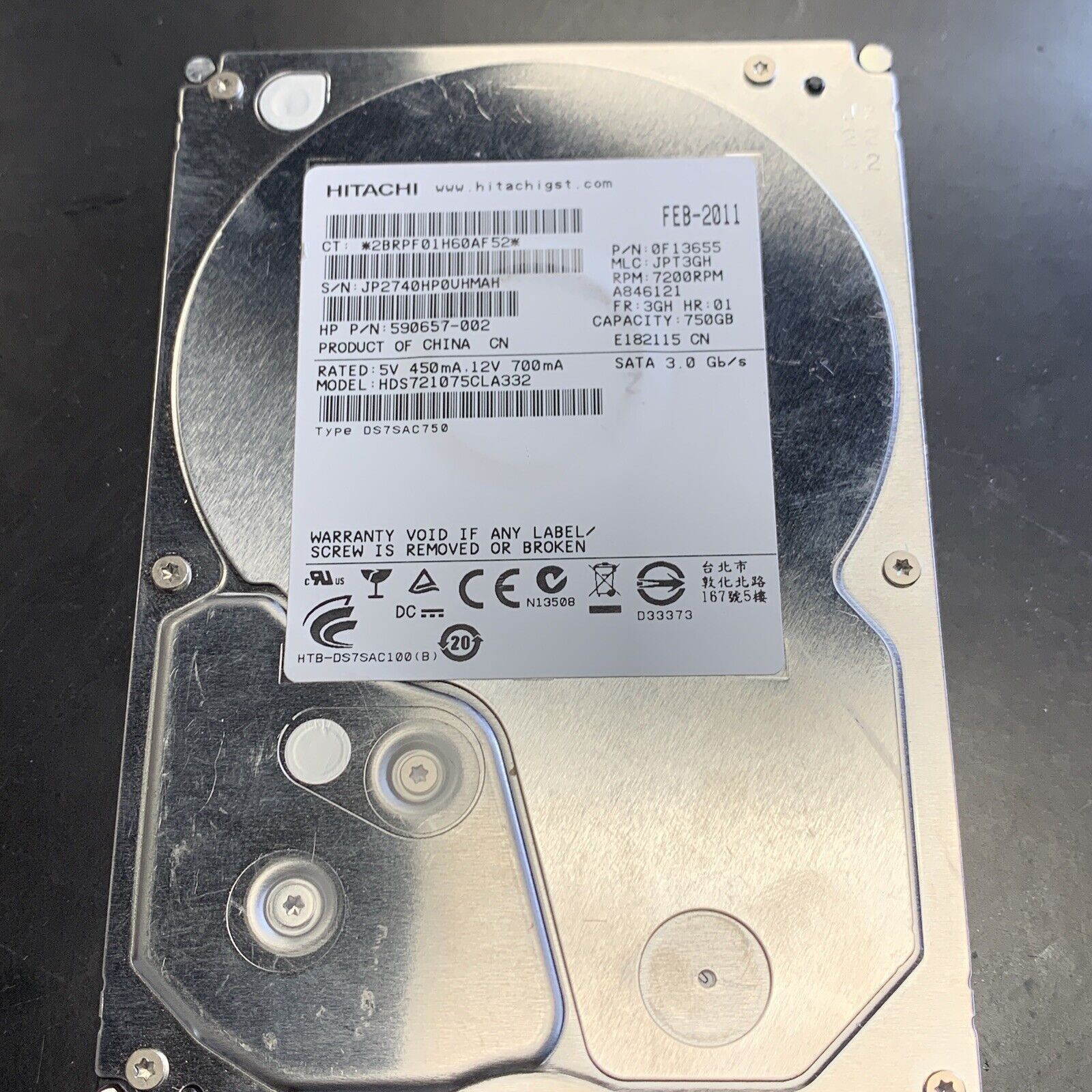 Hitachi 750GB HDD 3.5" SATA Desktop Hard Drive HDS721075CLA332 7200 RPM 0F13655
