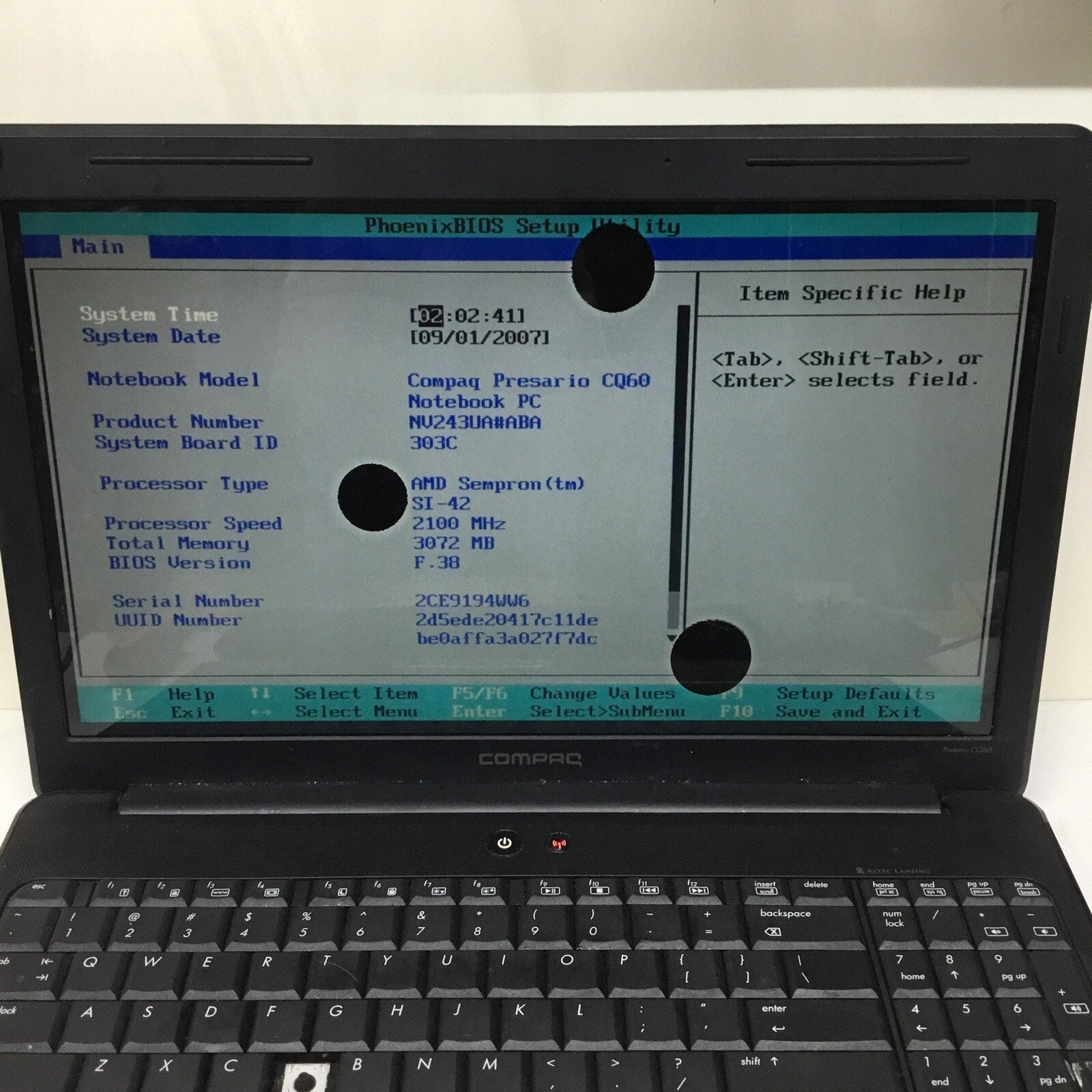Compaq Presario CQ60-419WM, AMD Sempron @2.1GHz, 3GB RAM, No HDD/OS, Read