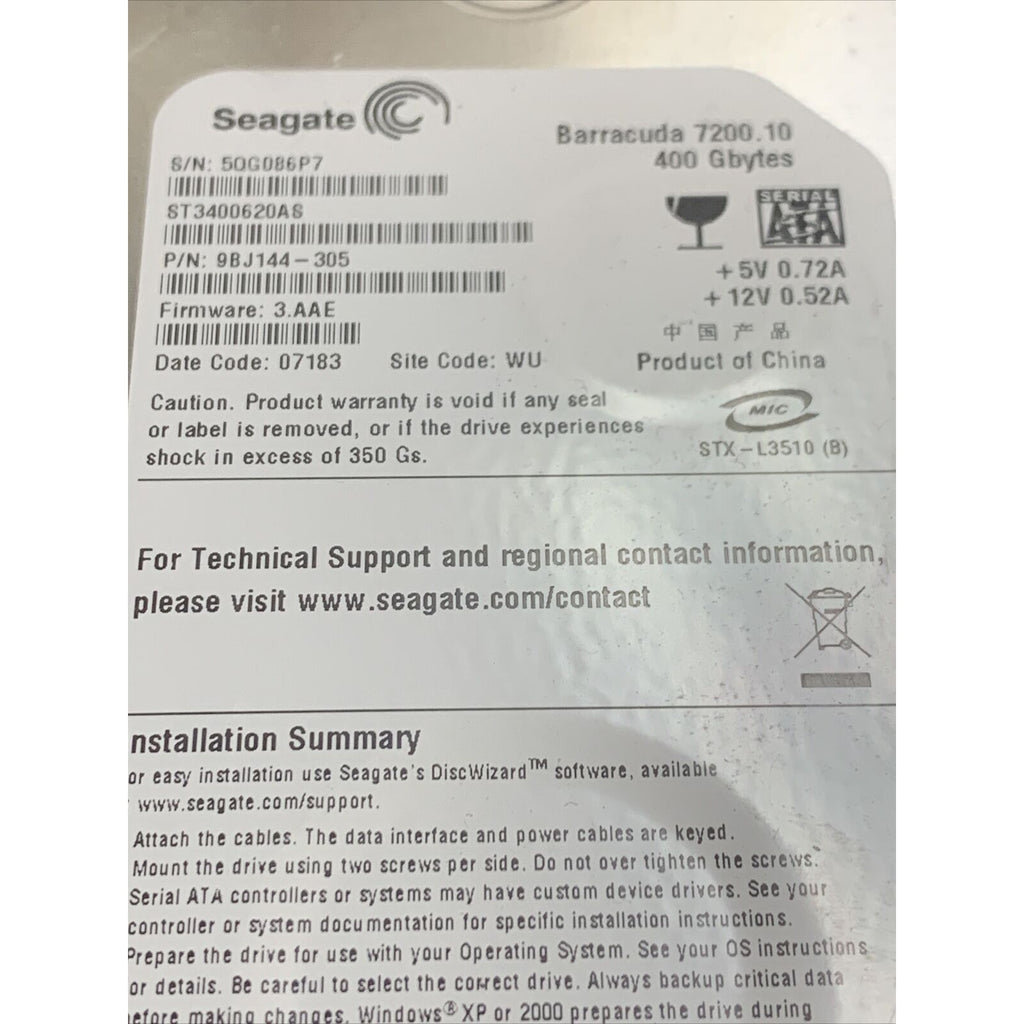SEAGATE 400GB 9BJ144-305 ST3400620AS SATA HARD DRIVE SERIAL ATA FIRMWARE 3.AAE