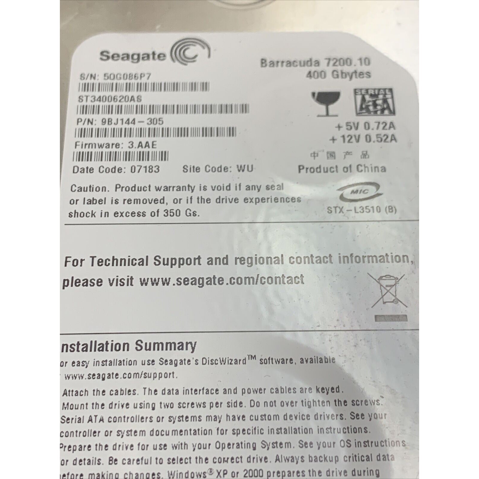 SEAGATE 400GB 9BJ144-305 ST3400620AS SATA HARD DRIVE SERIAL ATA FIRMWARE 3.AAE