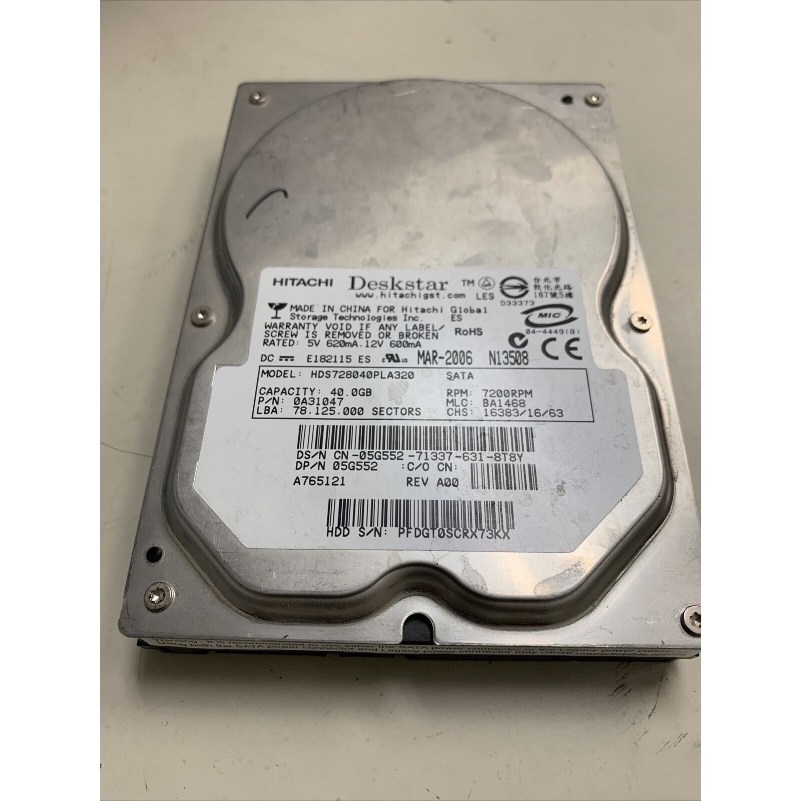 Hitachi HDS728040PLA320 40GB 3.5” SATA Desktop Hard Drive P/N: 0A31047