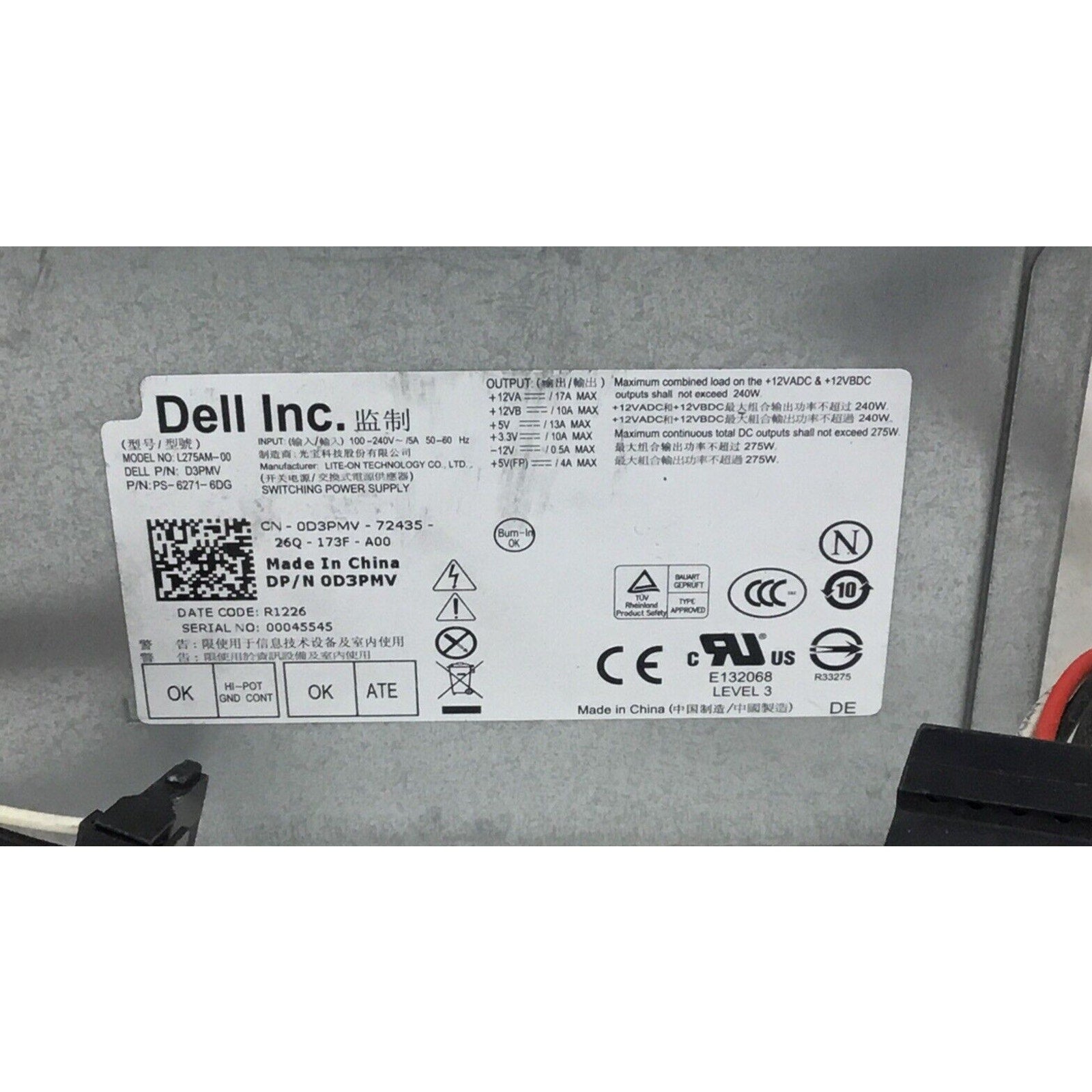 Dell Power Supply L275AM-00/ D3PMV /0D3PMV/ 275W