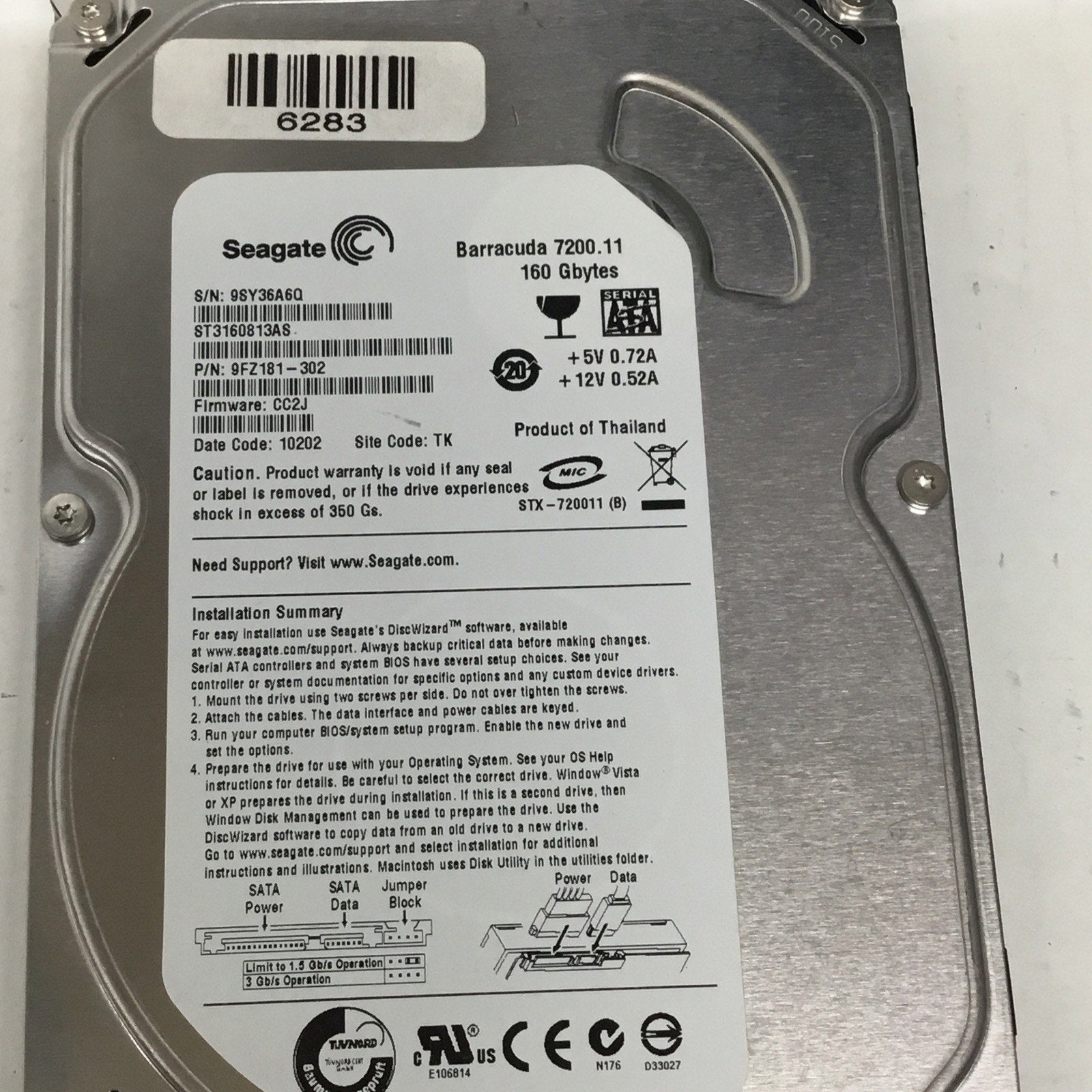 Seagate ST3160813AS 9FZ181-302 Barracuda 160GB 7200RPM SATA 3.5" HDD Drive