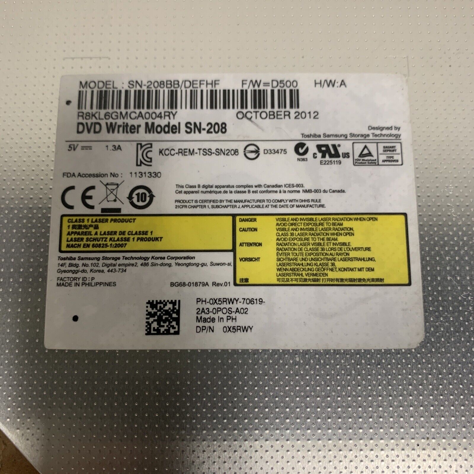 Dell DVD Writer Drive Model: SN-208 - SN-208BB/DEFHF - X5RWY