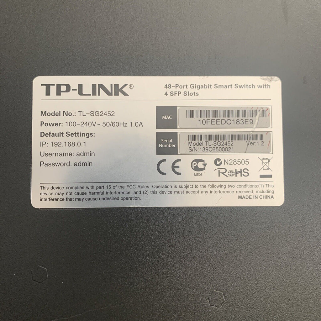 TP-Link TL-SG2452 48-Port Gigabit Smart Ethernet Hub / Switch with 4 SFP Slots