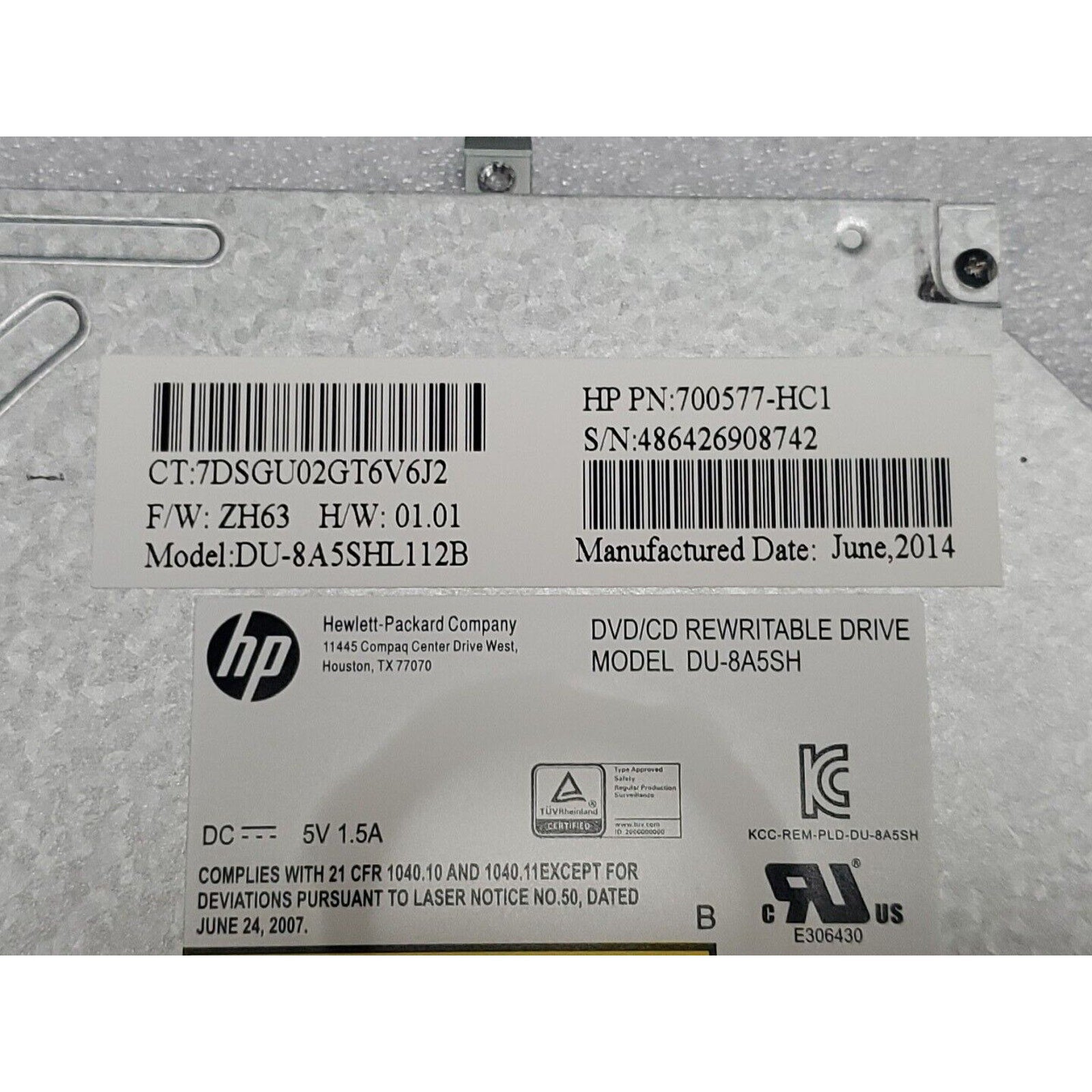 HP DVD/CD REWRITABLE DRIVE DU-8A5SH 700577-HC1 486426908742 DU-8A5SHL112B