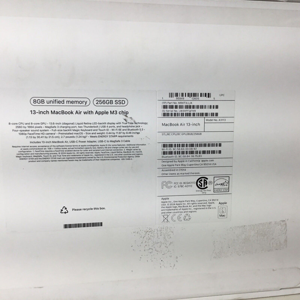 2024 Apple MacBook Air 13.6" M3 Chip 256 GB SSD 8GB RAM 8-Core GPU MRXT3LL/A