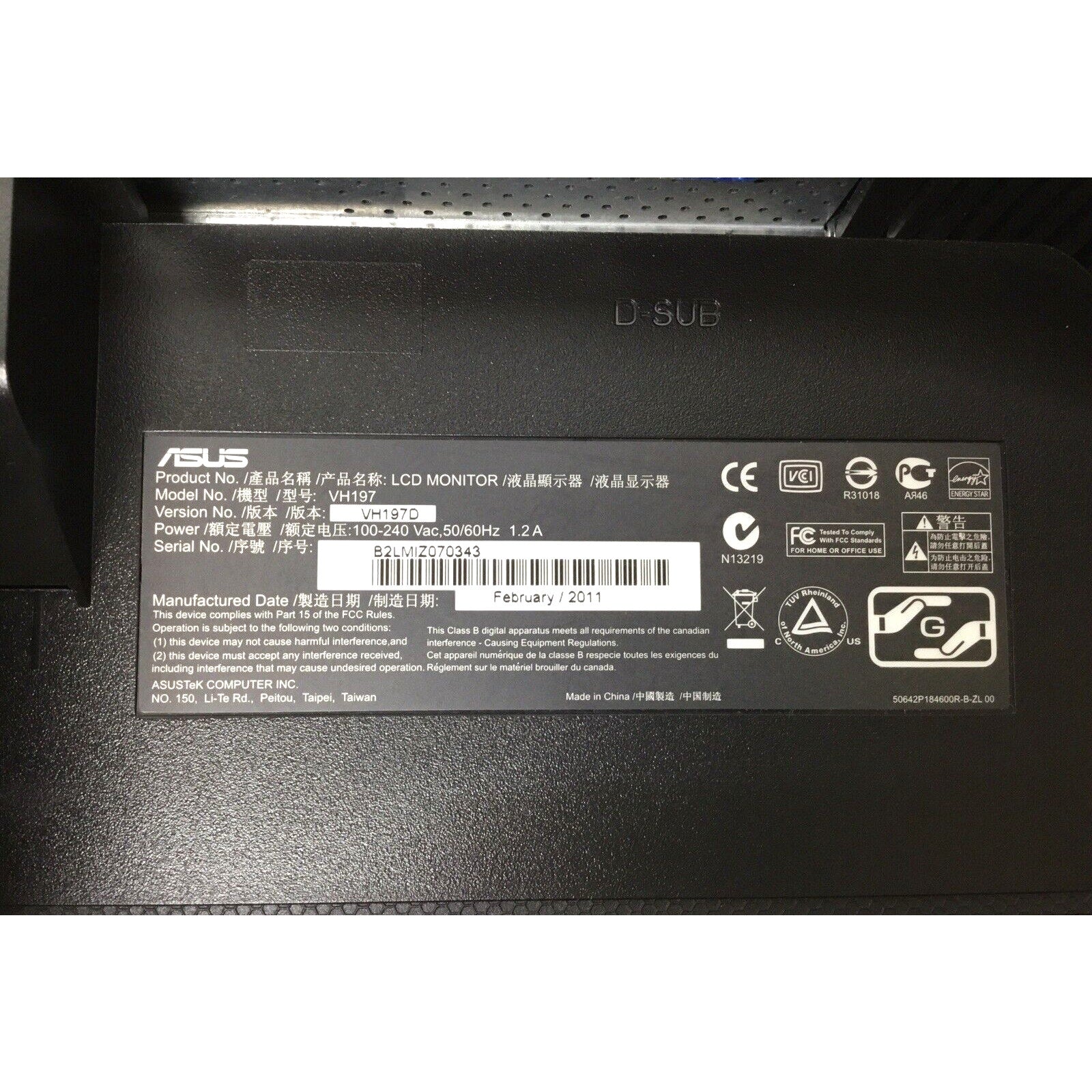 ASUS VH197D 18.5'' Widescreen LED Backlit 60Hz VGA D Sub 1366 x 768 5ms Monitor