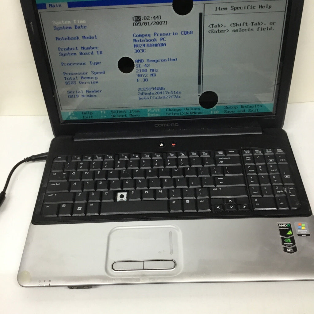 Compaq Presario CQ60-419WM, AMD Sempron @2.1GHz, 3GB RAM, No HDD/OS, Read