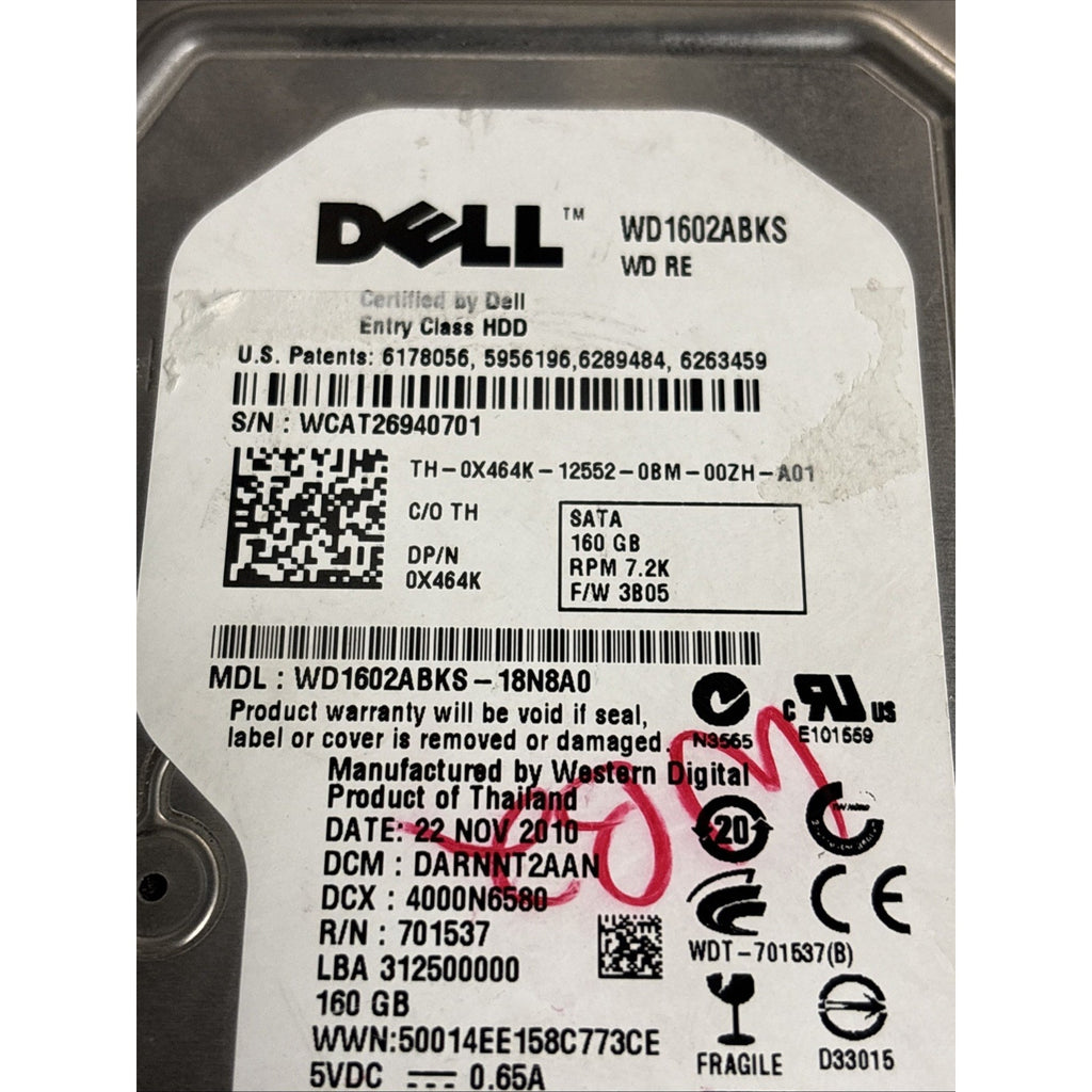Western Digital WD1602ABKS 160GB 3.5 In. SATA HDD Dell P/N: 0X464K F/W: 3B05