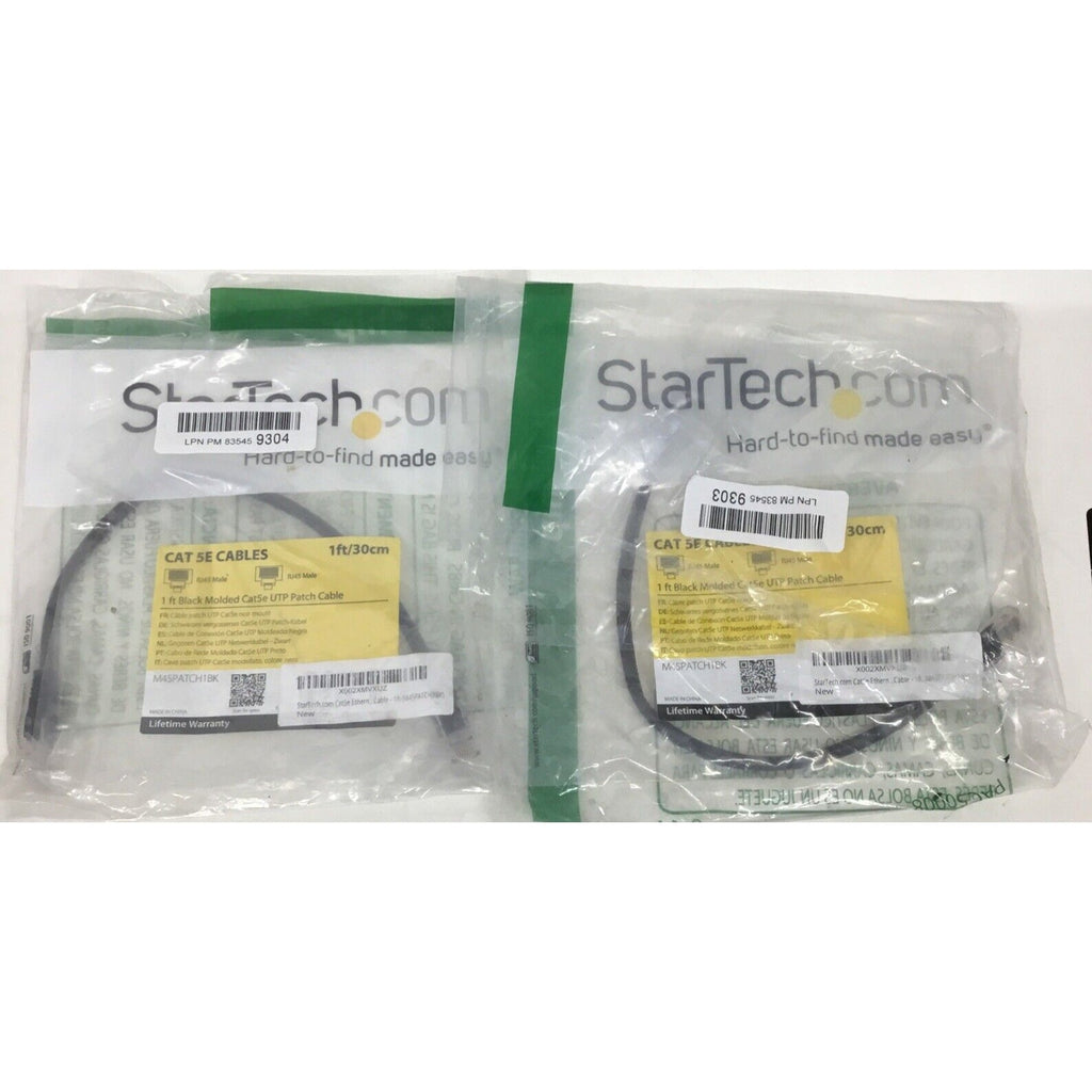 Lot of 2 StarTech Cat5e 1ft / 30cm Ethernet Cable M45PATCH1BK