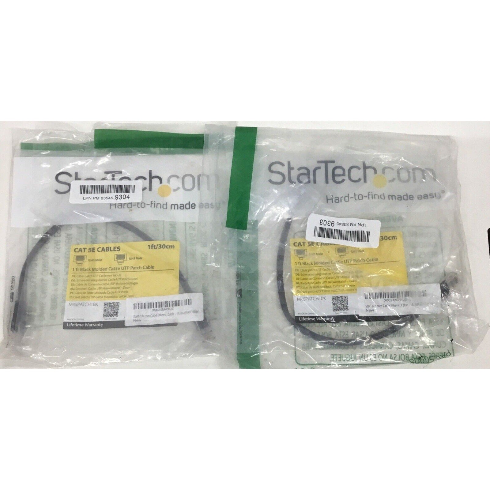 Lot of 2 StarTech Cat5e 1ft / 30cm Ethernet Cable M45PATCH1BK