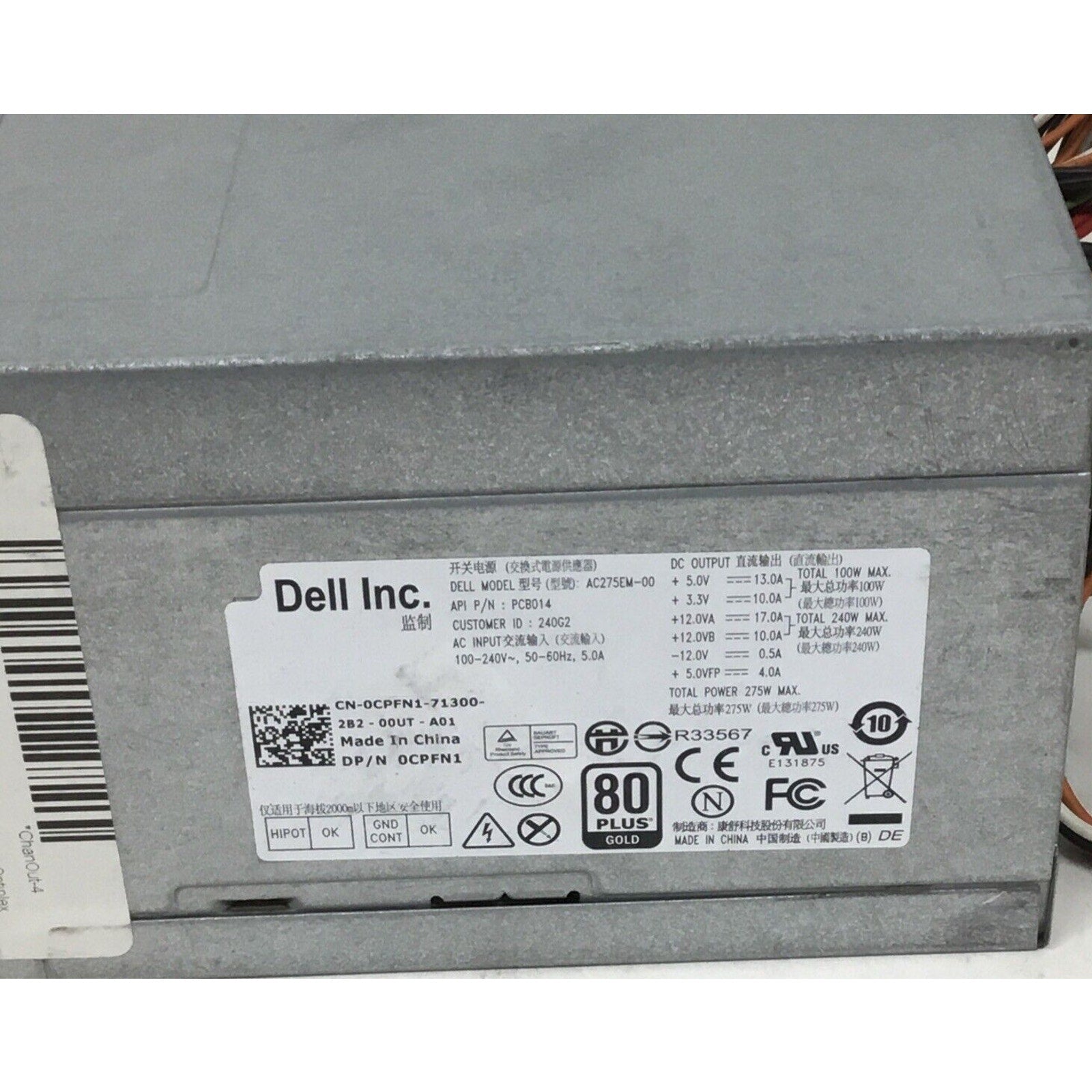 Dell OptiPlex 3010 7010 9010 275W Power Supply Model AC275EM-00 CPFN1 0CPFN1