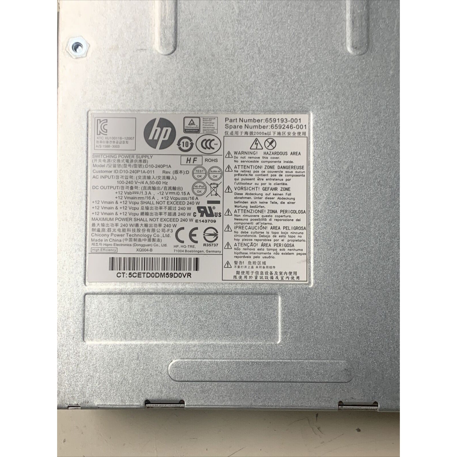 HP 659193-001 Elite 8200/RP5800 D10-240P1A 240W Desktop Power Supply 659246-001