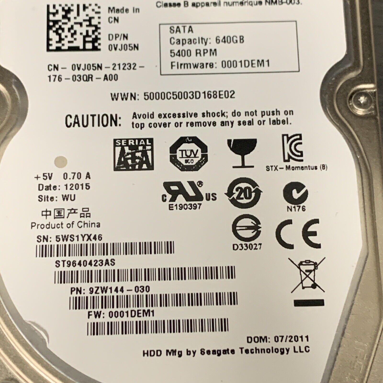 ST9640423AS 9ZW144-030 FW:0001DEM1 640gb Sata Laptop Drive
