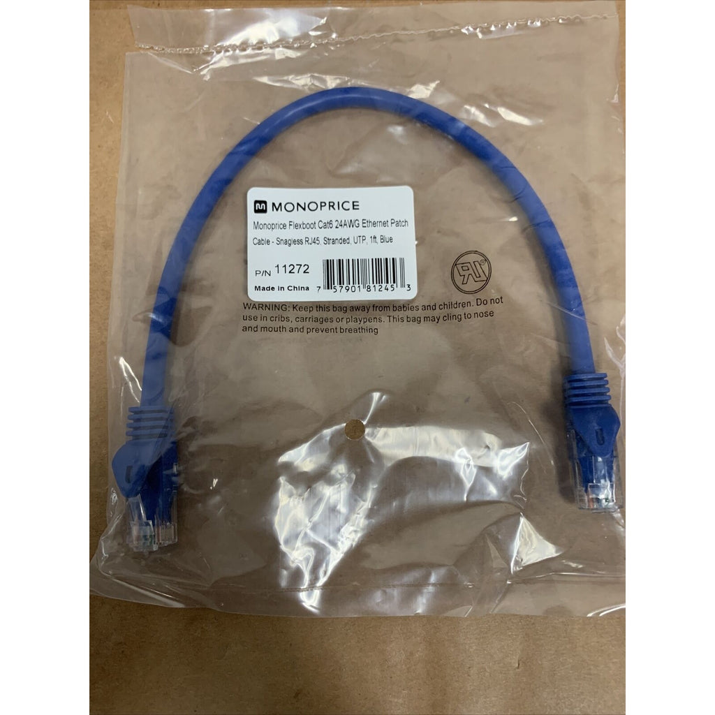 Monoprice 1ft Cat6 UTP 24AWG Bare Copper Ethernet Network Cable, Blue - 1 Foot