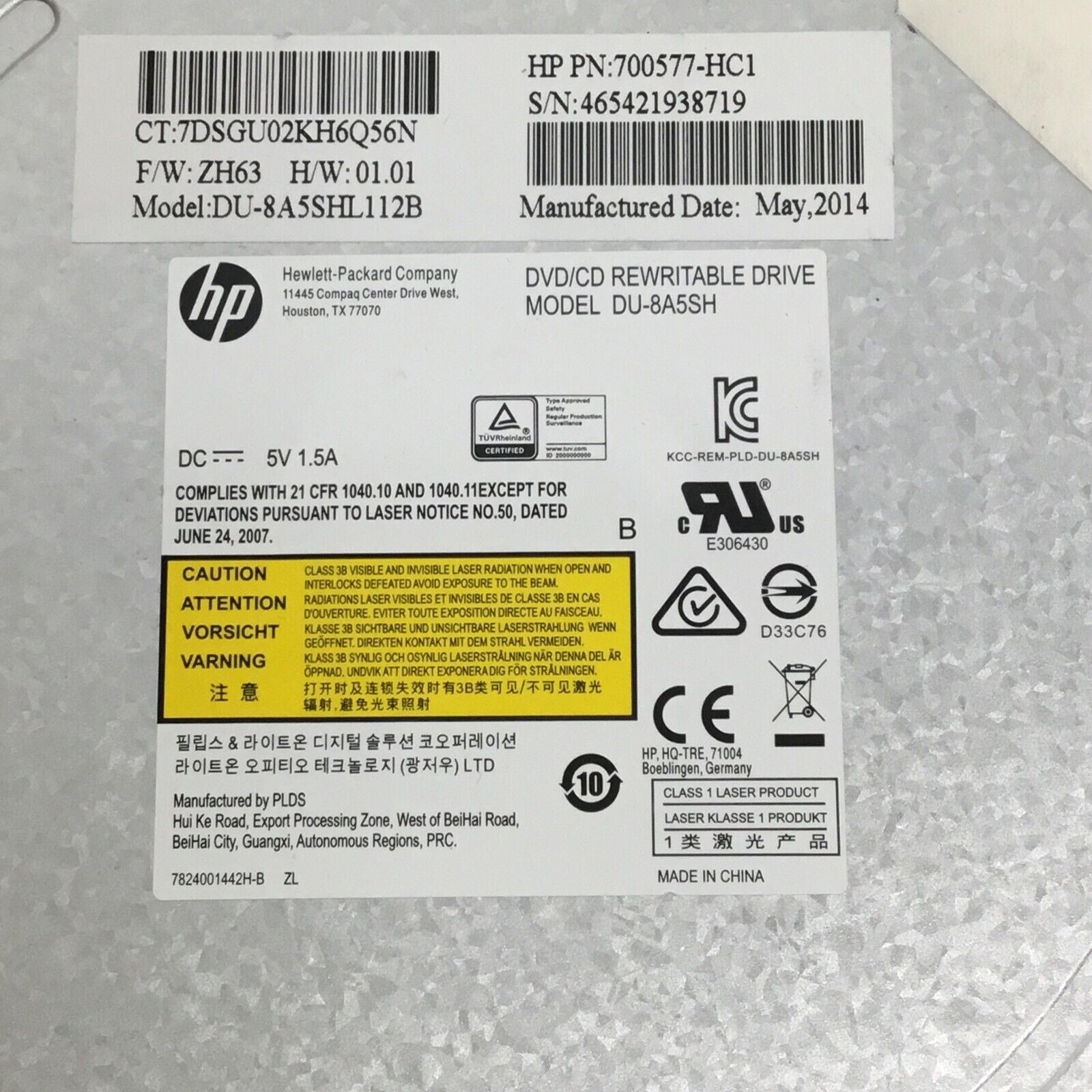 HP Pavilion DVD/CD Rewritable Drive DU-8A5SH 700577-HC1 W/Bezel