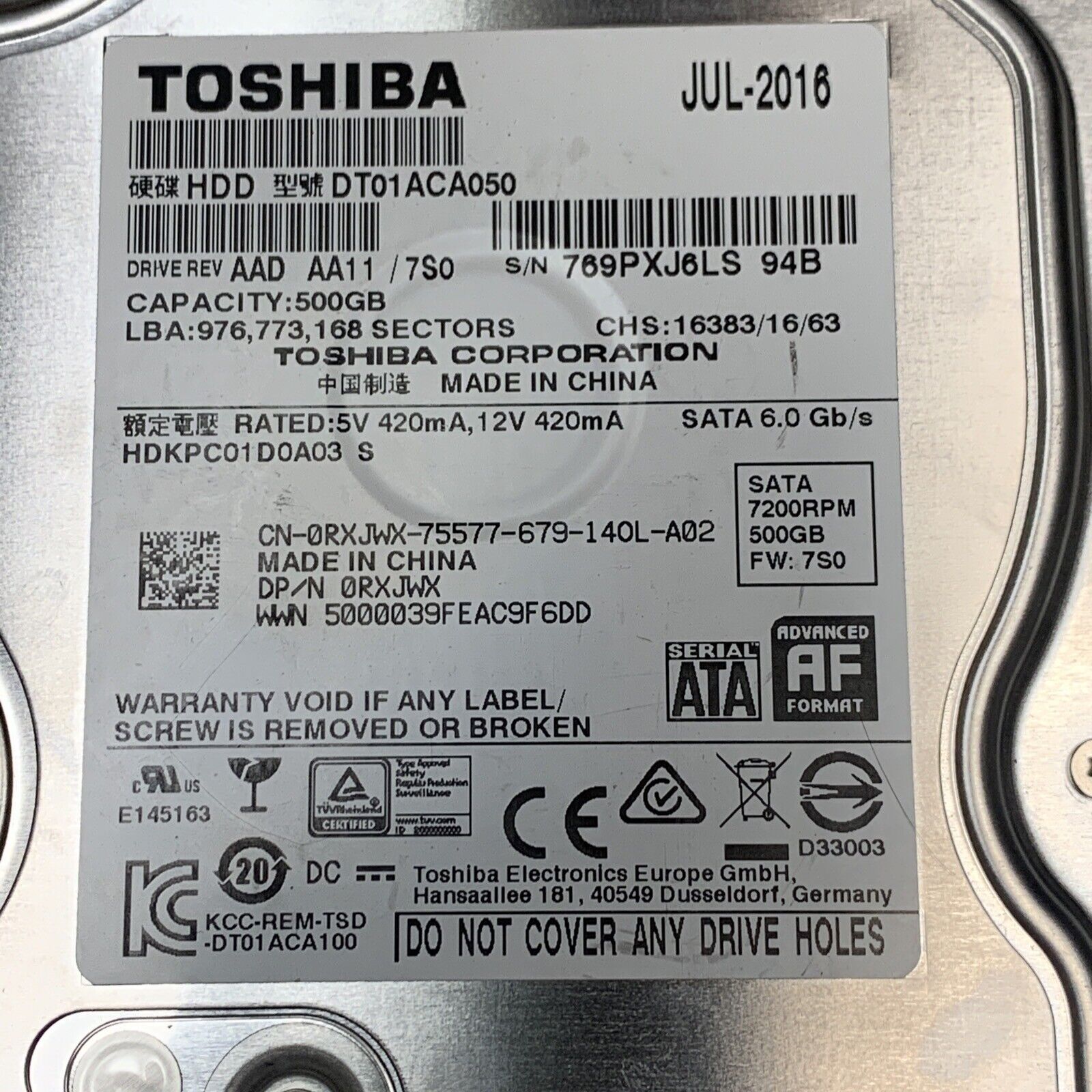 Toshiba 500GB,Internal,7200 RPM,3.5 inch DT01ACA050 Hard Drive