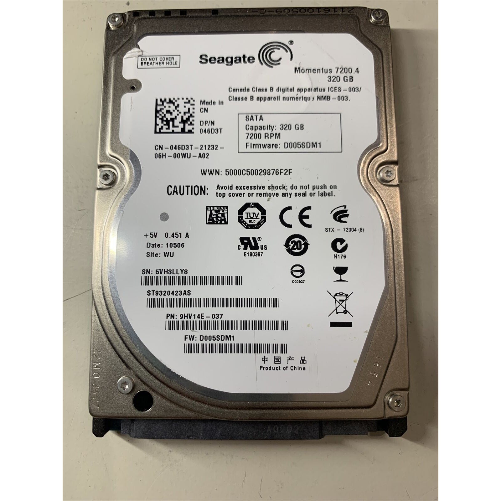 Seagate ST9320423AS 320GB 7200RPM SATA 2.5" Laptop HDD 9HV14E-037 FW: D005SDM1