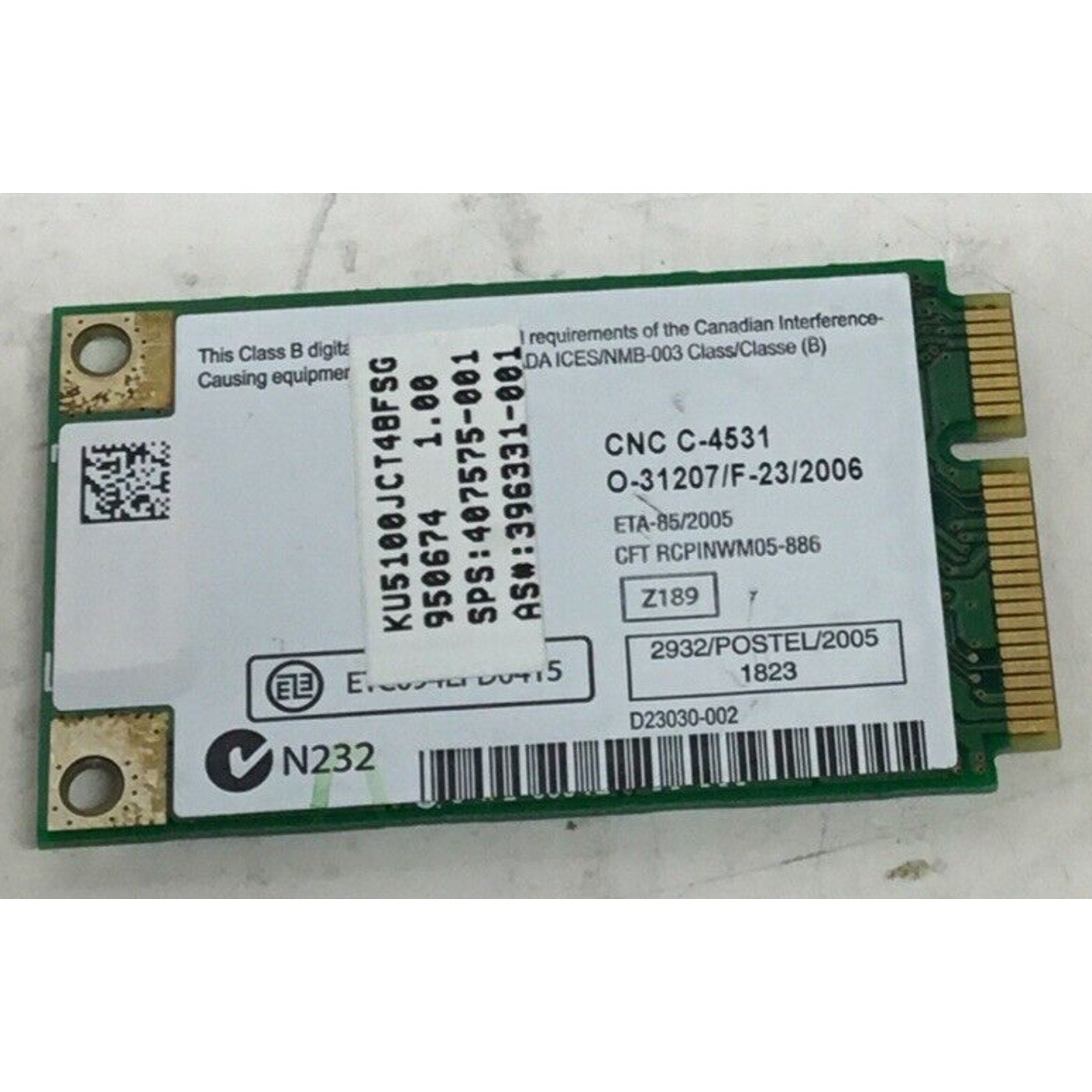 6710B NX7400 PAVILION DV8000 B94WM3945ABG MINI PCI WIRELESS WIFI CARD 396331-001