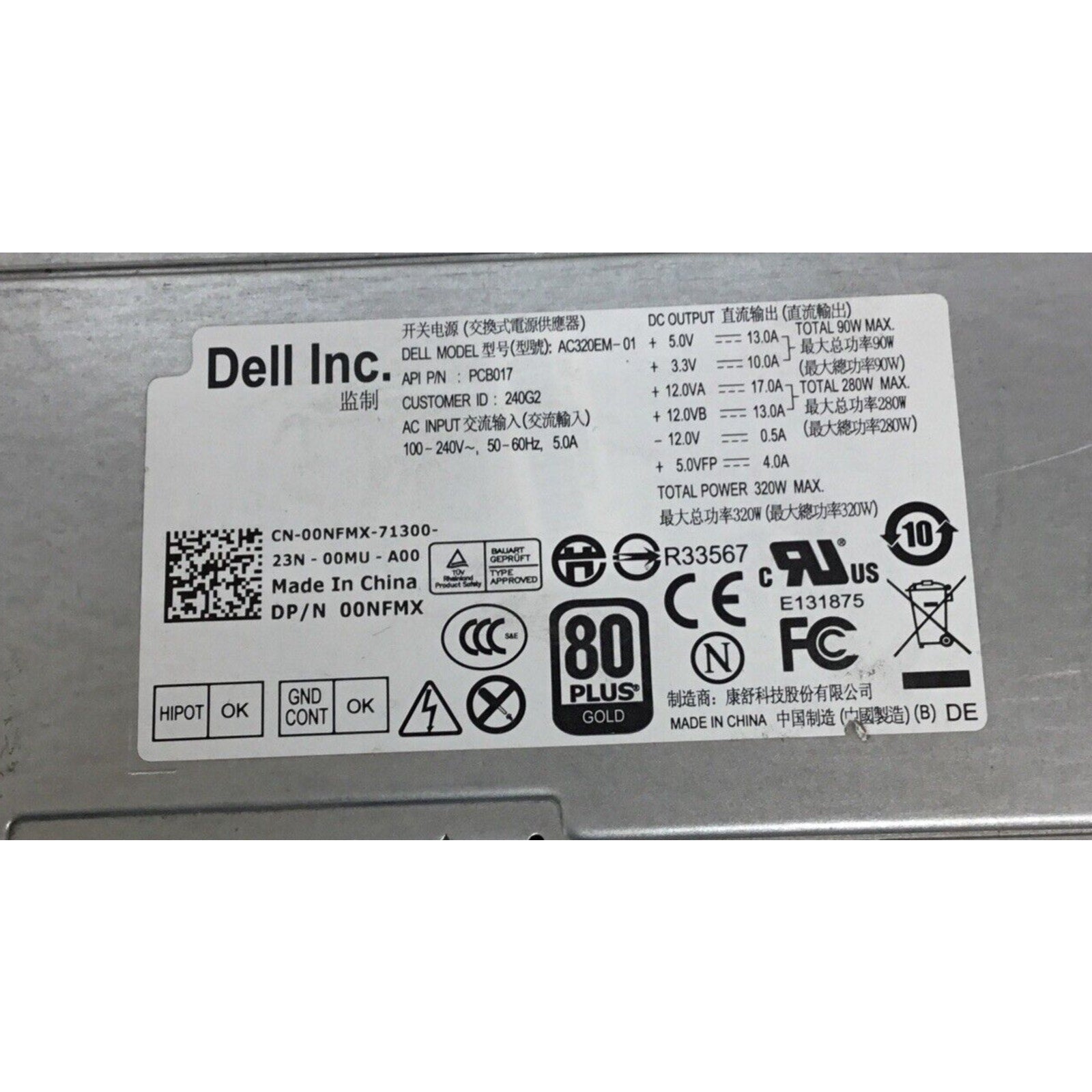 Dell AC320EM-01 / 320W Power Supply 00NFMX 0NFMX