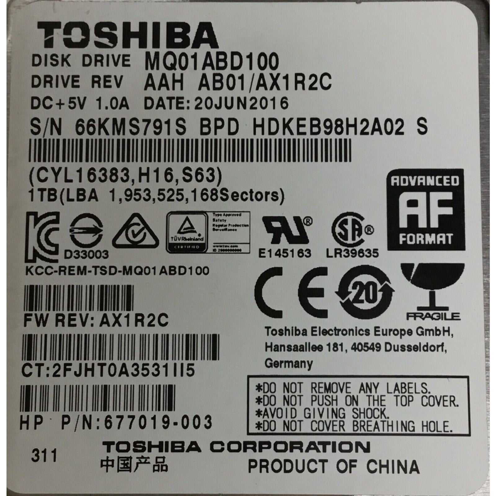 HP - 1TB 5.4K RPM SATA 9.5mm 2.5" Internal Hard Drive MQ01ABD100 677019-003