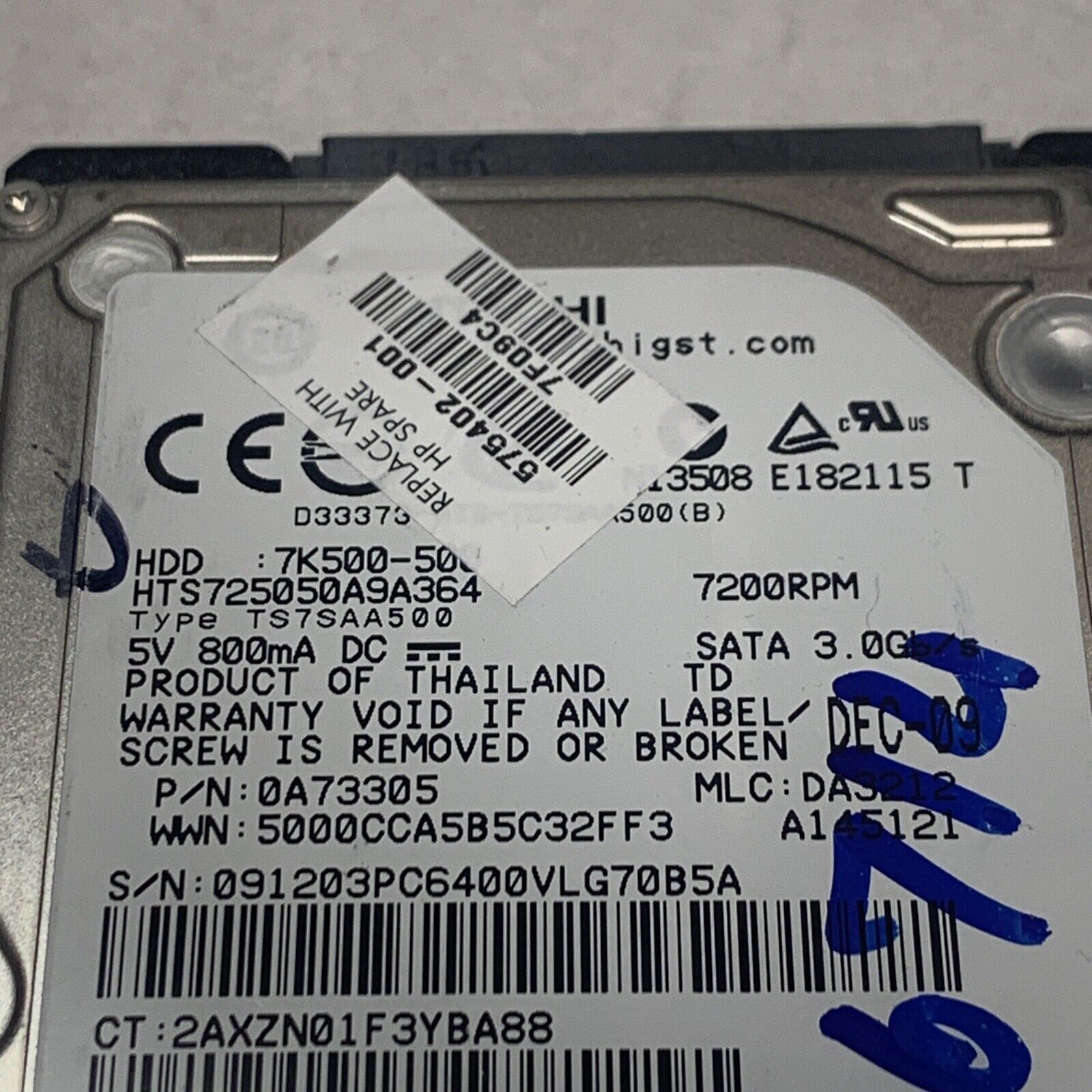 HITACHI 500GB Laptop Hard Drive HDD 2.5" 7200RPM SATA 3Gb/s 16MB Cache 7K500-500