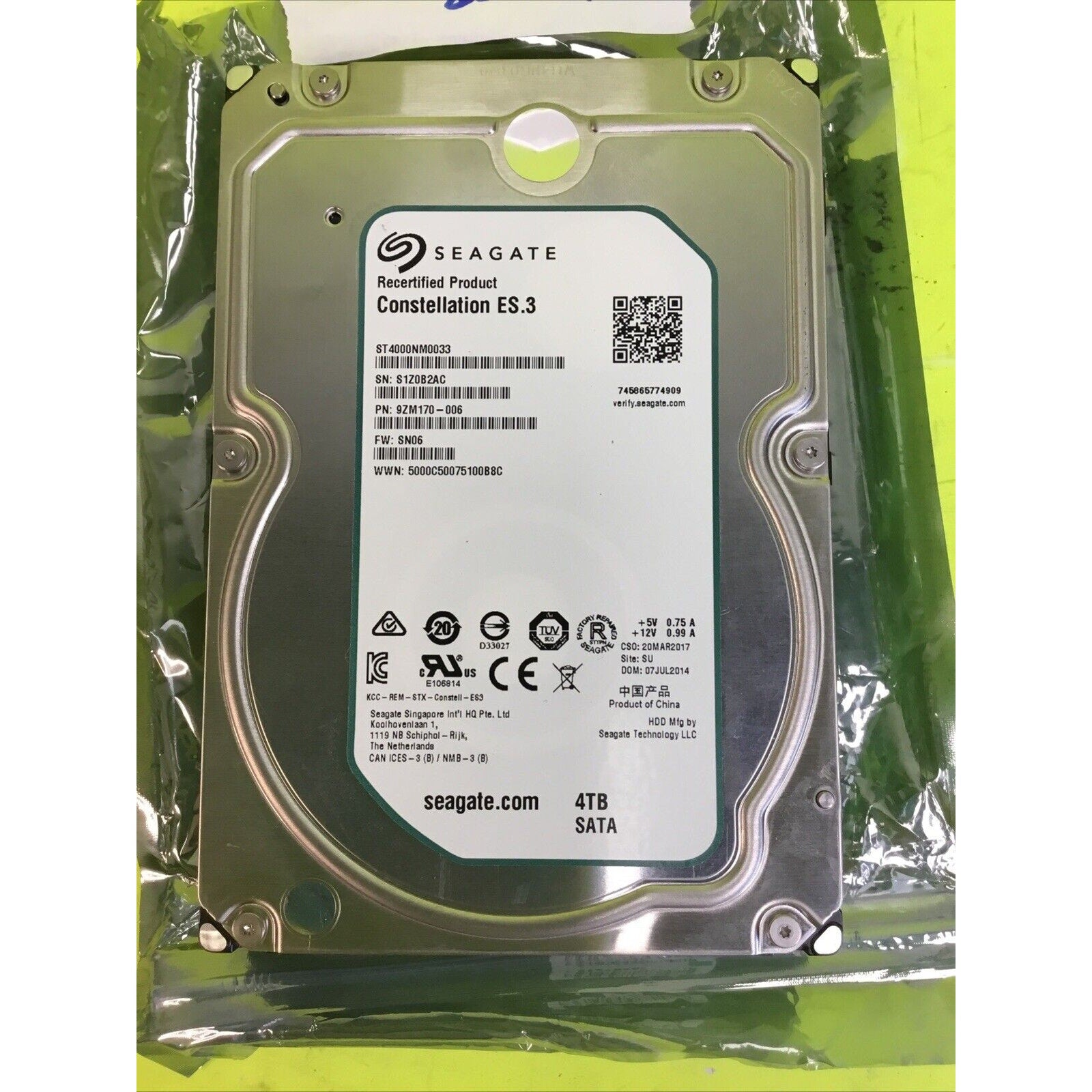 Seagate 9ZM170-006 ST4000NM0033 3.5" 4TB 6Gb/s 7.2K rpm SATA