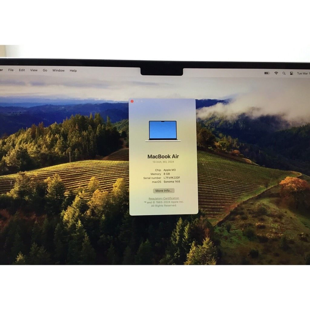 2024 Apple MacBook Air 13.6in M3 Chip 256 GB SSD 8GB RAM 8-Core GPU MRXT3LL/A