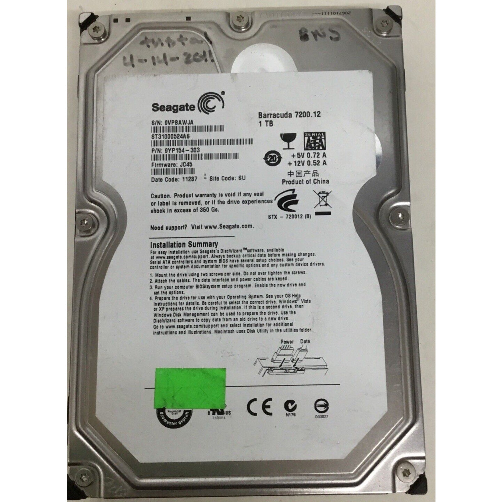 ST3100524AS - Hard Drive (1TB, 3.5", 7200, Sata) 9yp154-303