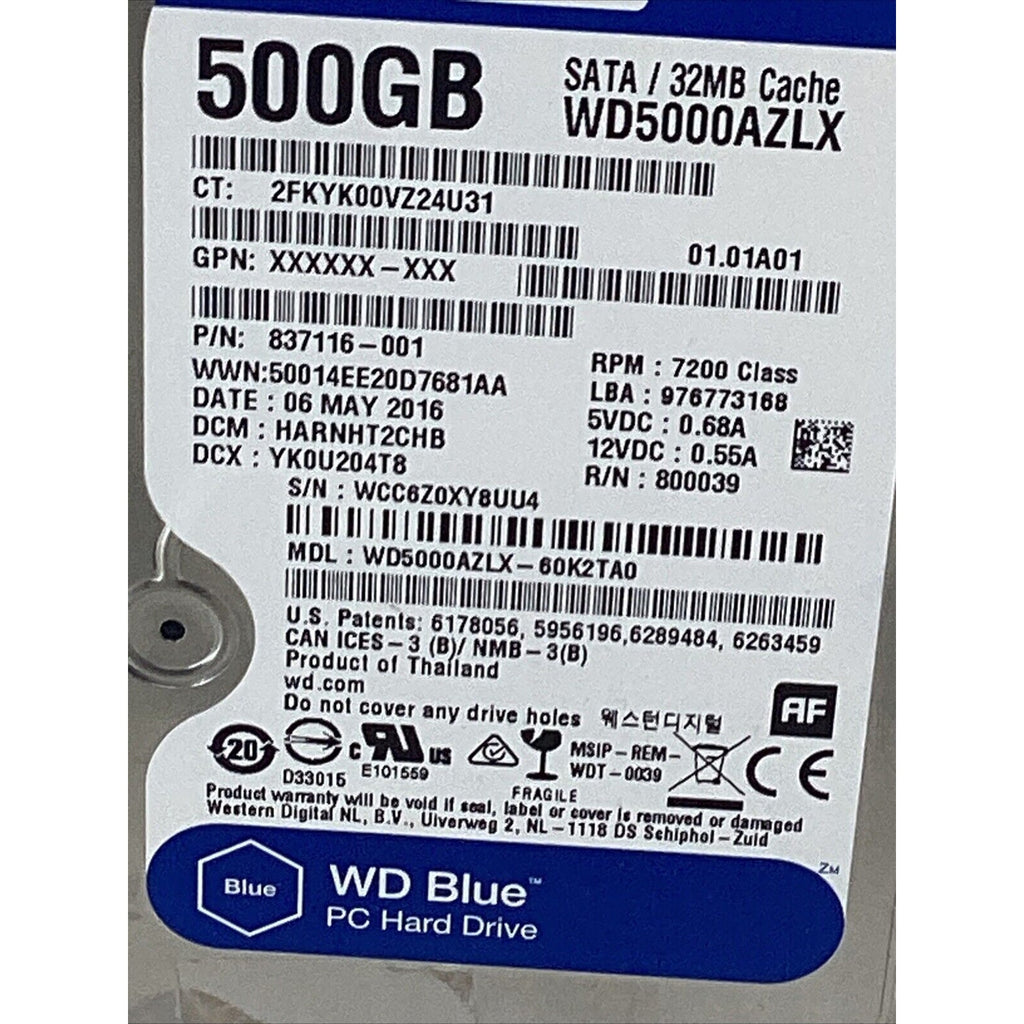Western Digital WD5000AZLX 3.5" 500GB 7200 32MB 6Gbps SATA HDD Hard Drive