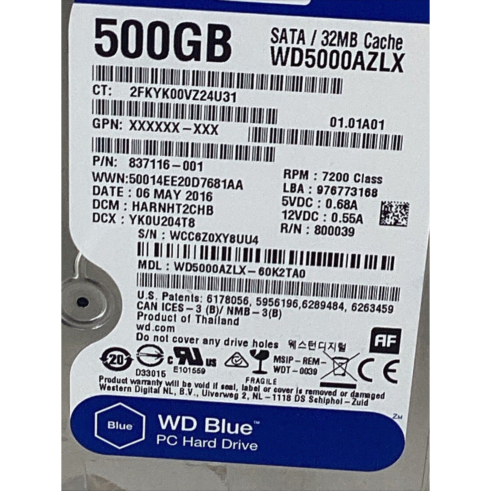 Western Digital WD5000AZLX 3.5" 500GB 7200 32MB 6Gbps SATA HDD Hard Drive
