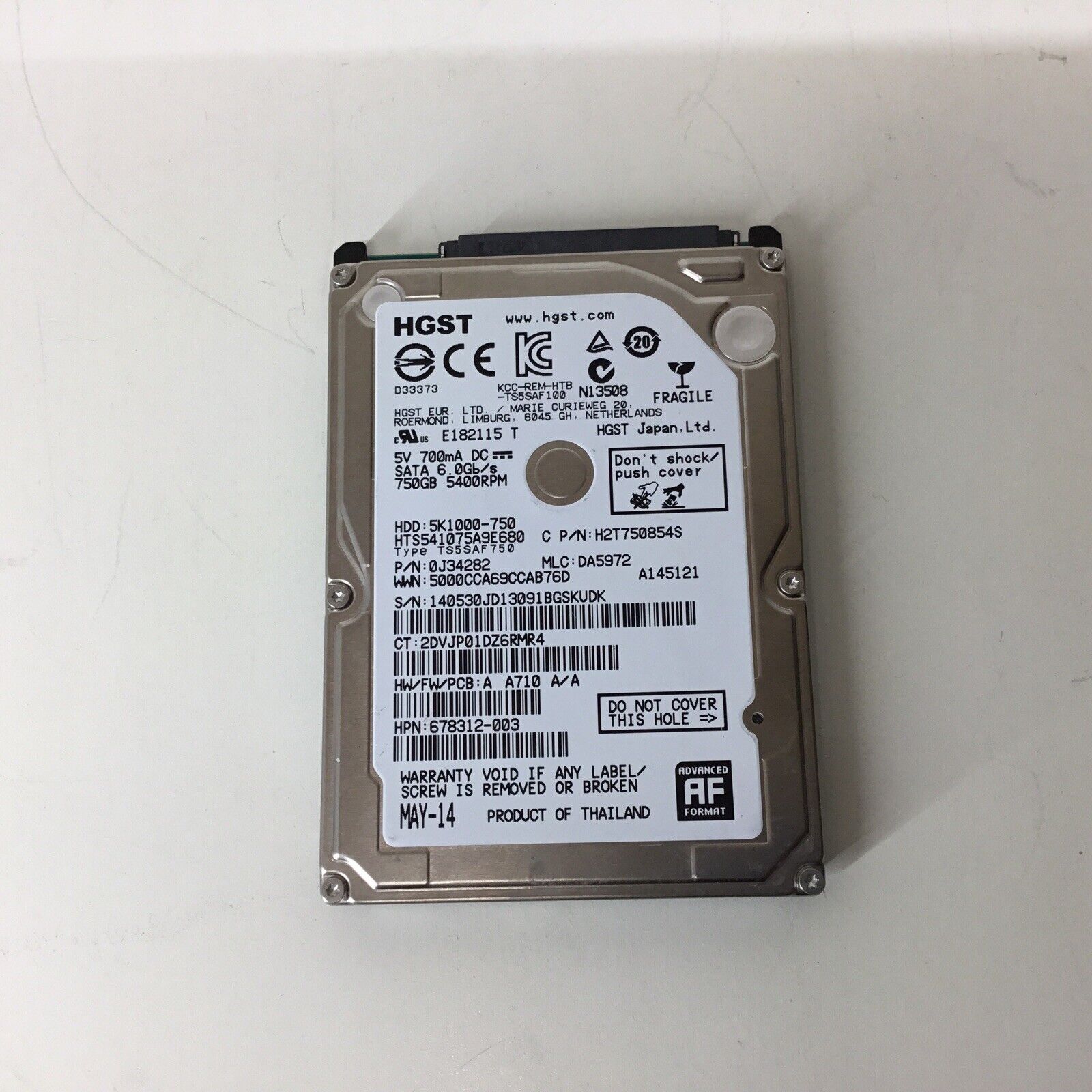 HGST HTS541075A9E680 0J34282 750GB 5400RPM SATA 6.0Gb/s HDD - For Parts