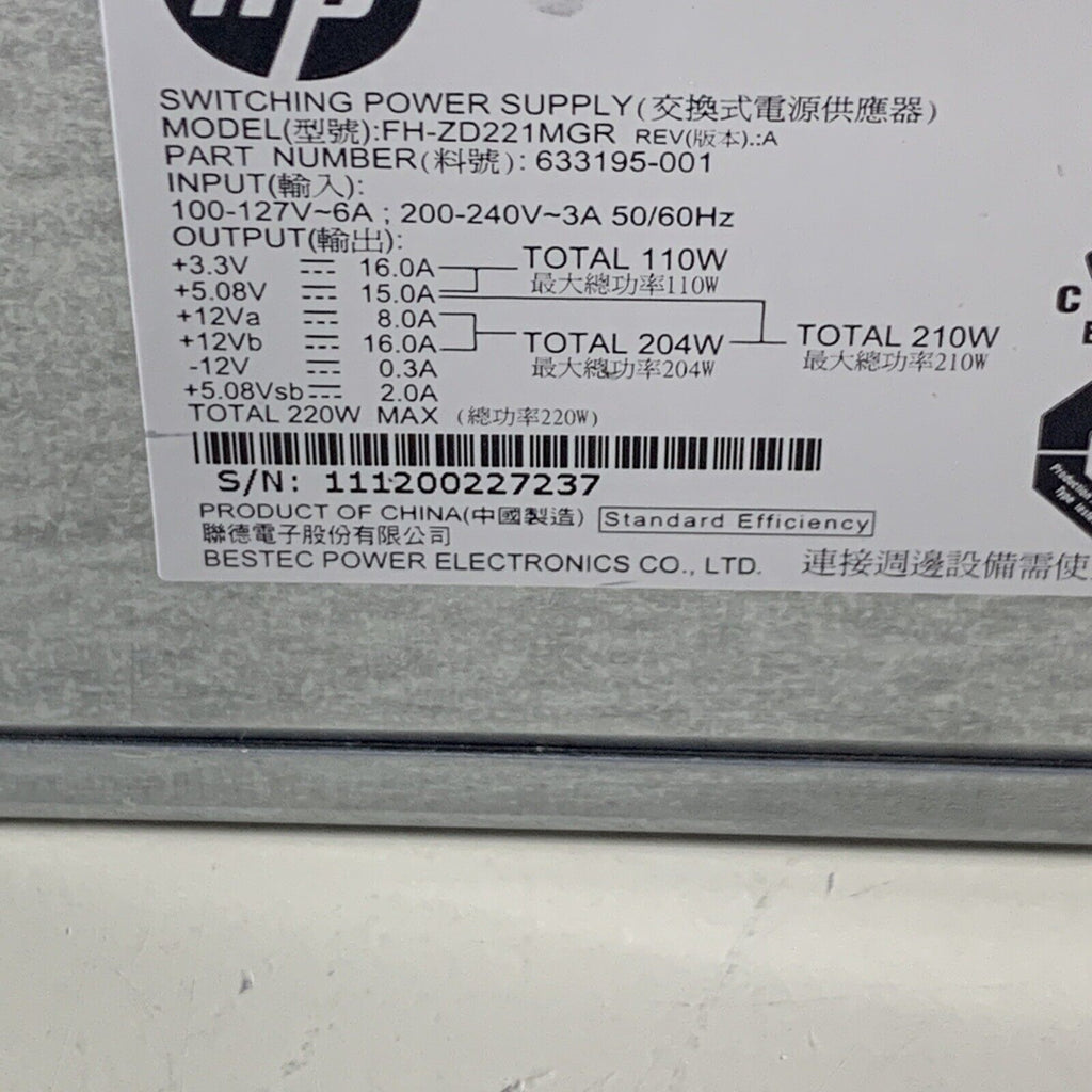 HP Slimline S5 SFF PCA322 220W Power Supply PSU 633195-001 633193 FH-ZD221MGR