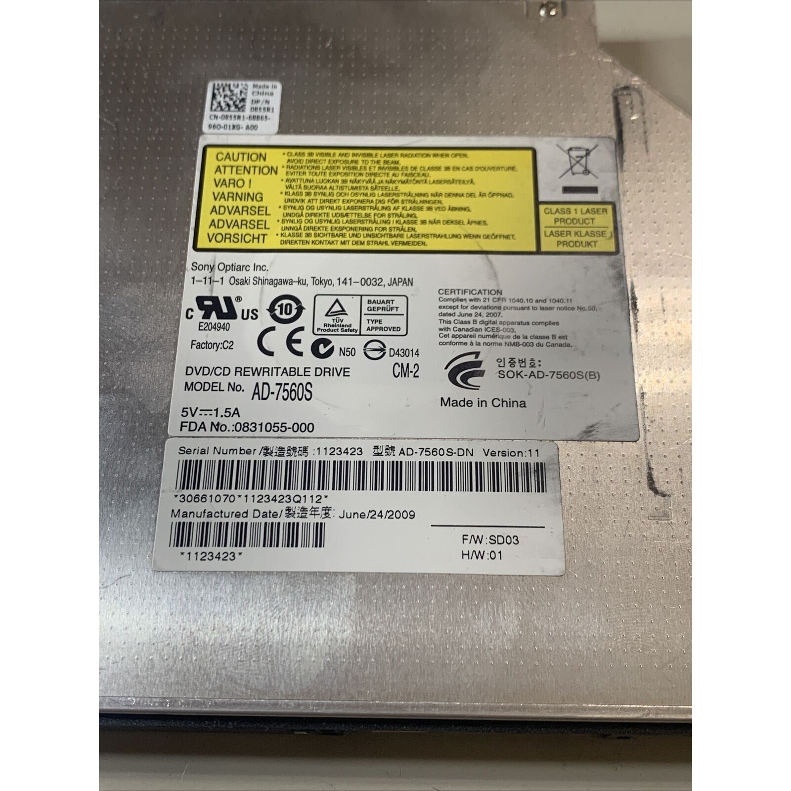 Dell AD-7560S Inspiron SATA DVD Writer Drive With Bracket - 0855R1 - No Bezel