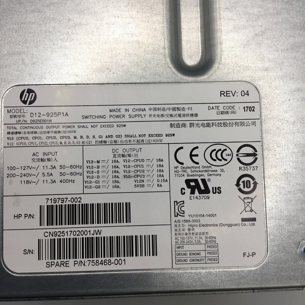 HP 719797-002 Z640 Workstation 12-Pin 925W Desktop Power Supply