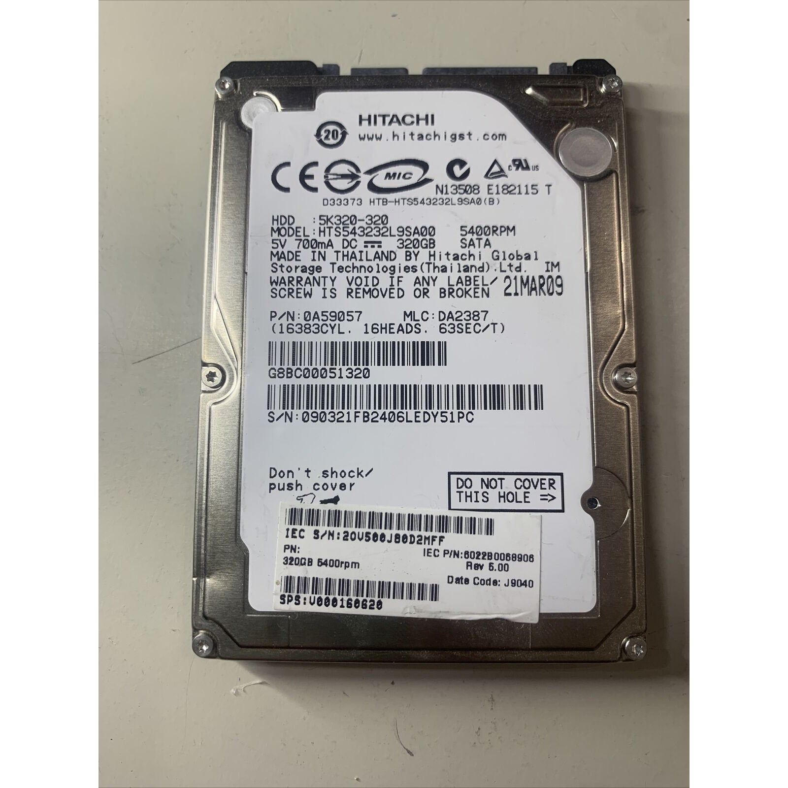 Hitachi 320GB Laptop hard drive 2.5" Travelstar 5K320-320 5400RPM HTS543239SA00