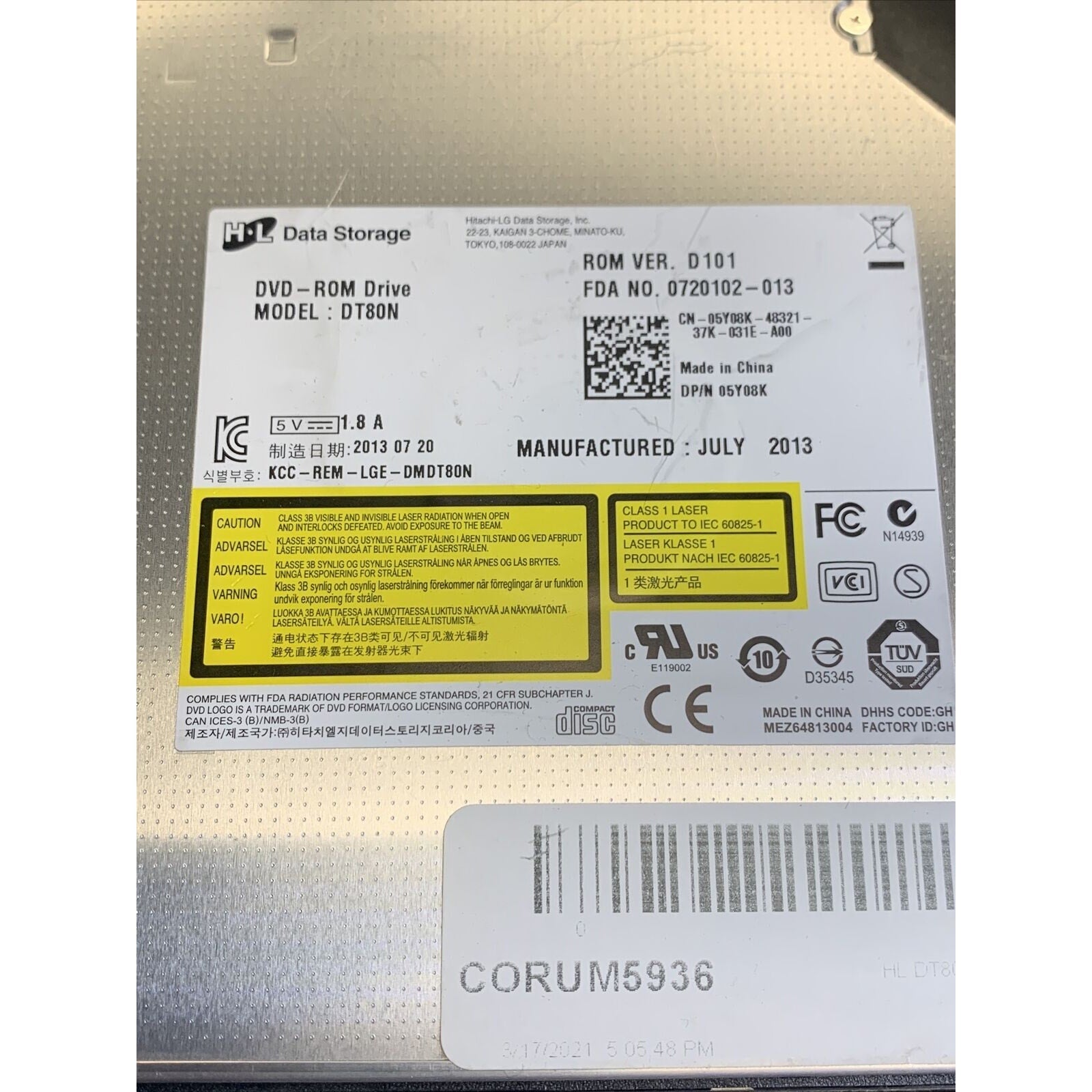 DELL OPTIPLEX 7010 SFF SATA DVD-ROM W/BEZEL 5Y08K DT80N 12.7MM