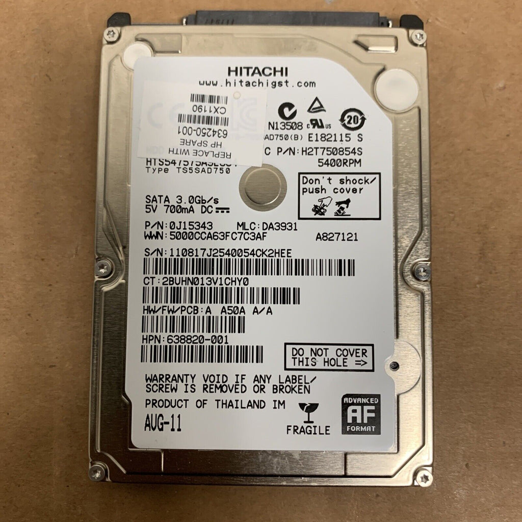 Hitachi 750GB SATA Drive 2.5" 5.4K 0J15343 638820-001 HTS547575A9E384 FW: A A50A