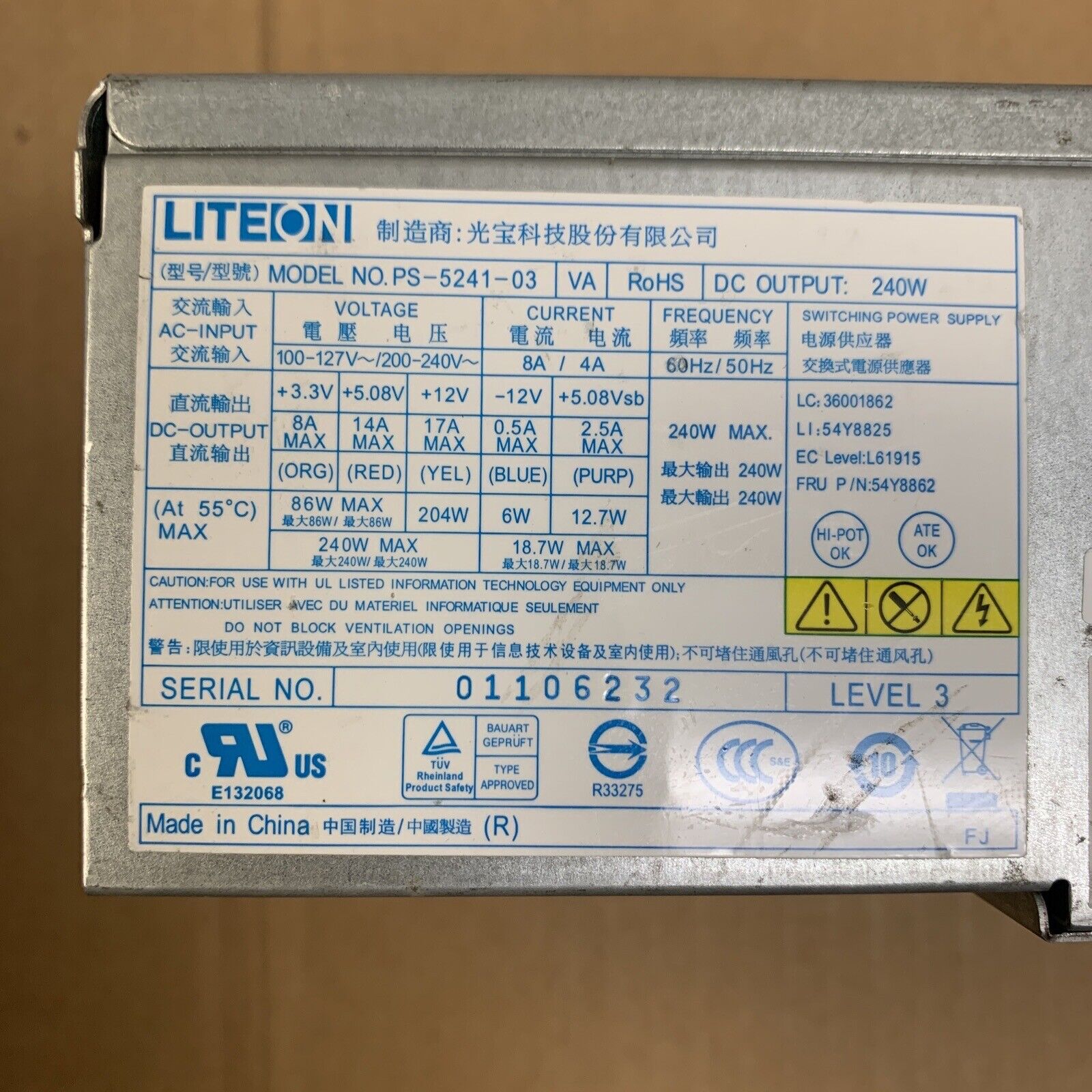 LiteON 54Y8862 240 Watt Lenovo M70 M80 M91 SFF Power Supply - PS-5241-03