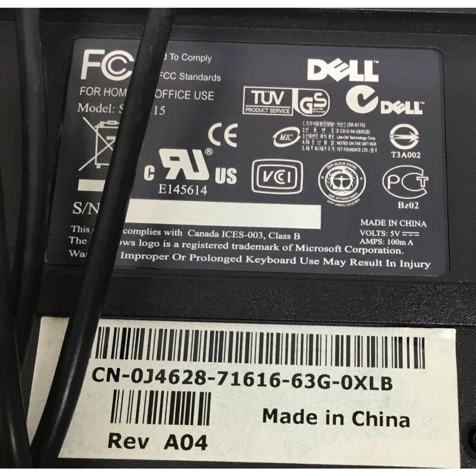 Dell 0J4628 USB Wired QWERTY US keyboard Black SK-8115 J4628