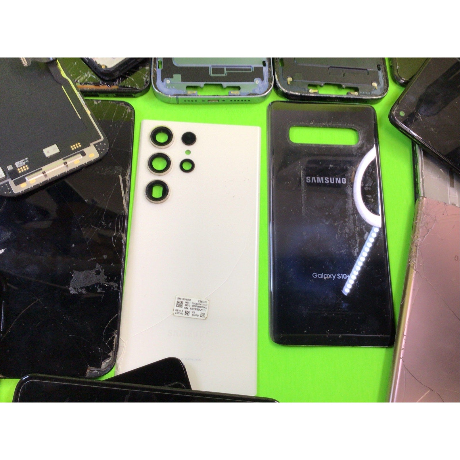 49 Pieces Unsorted Phone Screens Frames and Back Glass FOR PARTS or RECYCLING